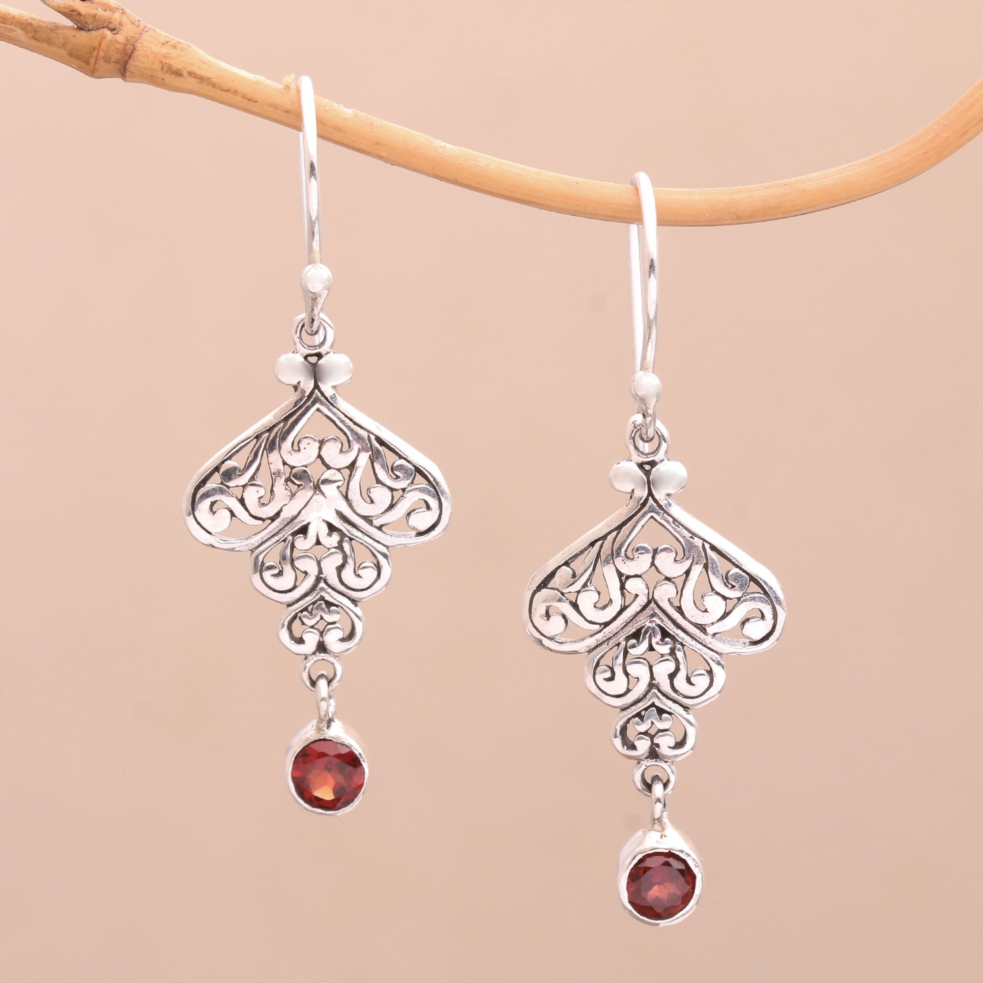 Premium Tumbling Hearts Garnet Dangle Earrings - Sterling Silver Elegance