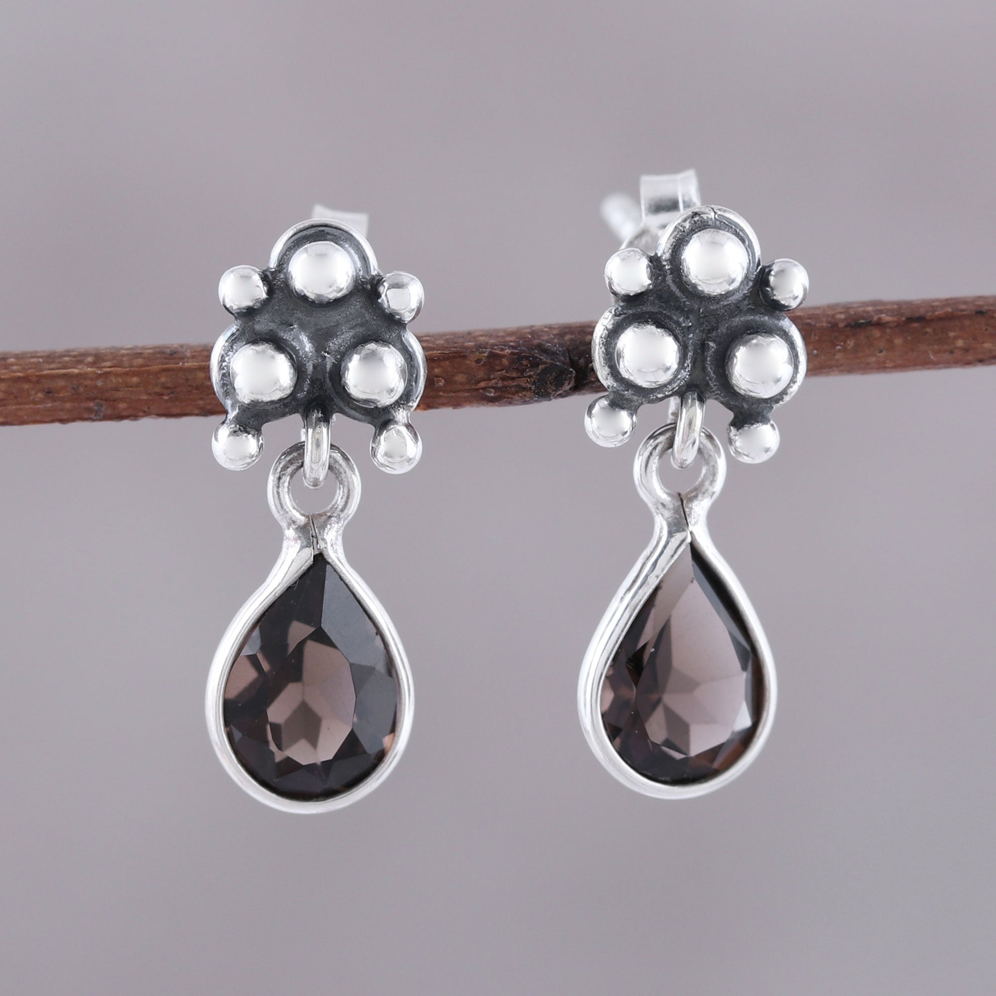 Premium Trinity Glitter Dangle Earrings with Smoky Quartz - Sterling Silver Elegance