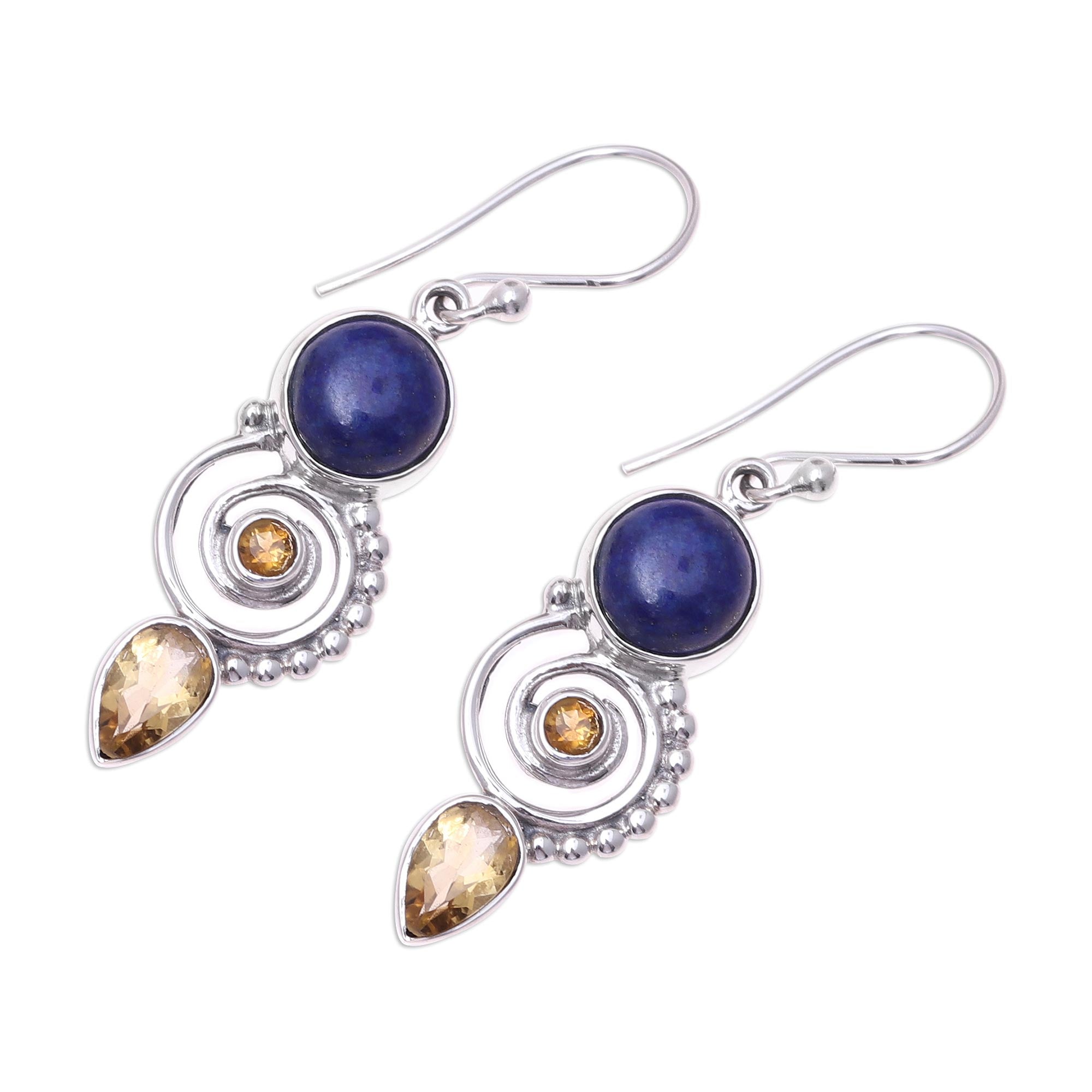 Premium Handcrafted Citrine & Lapis Lazuli Spiral Earrings - Indian Artisan Jewelry