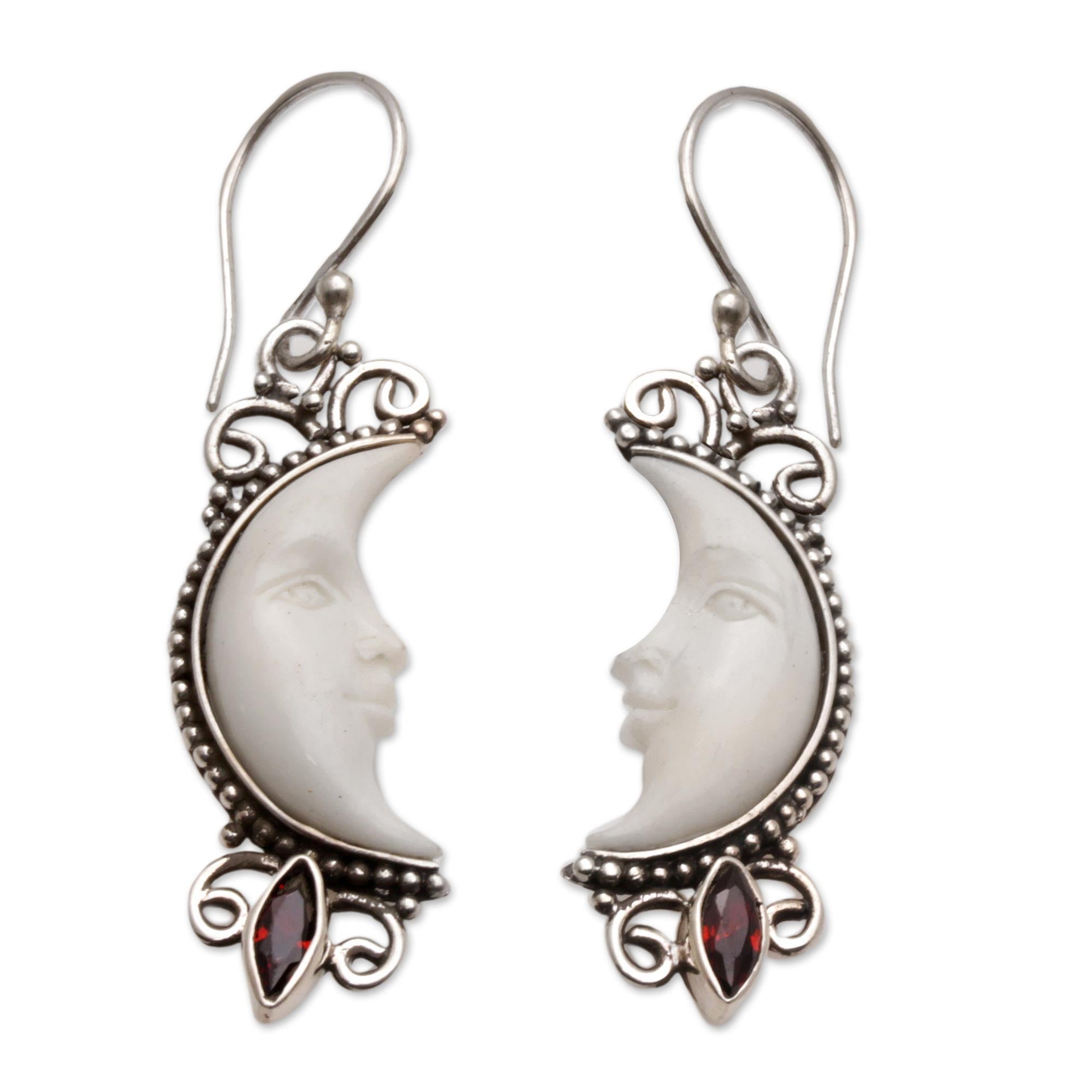 Premium Crescent Moon Dangle Earrings - Handcrafted Garnet & Silver Jewelry from Bali