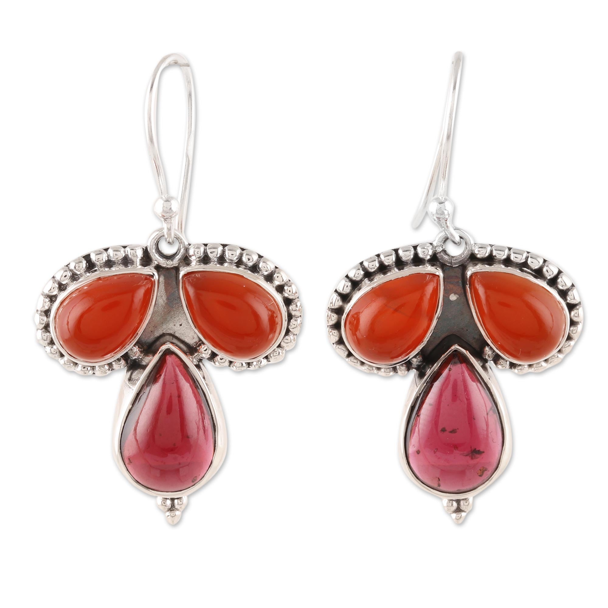 Premium Trio Teardrop Carnelian & Garnet Dangle Earrings - Handcrafted in India