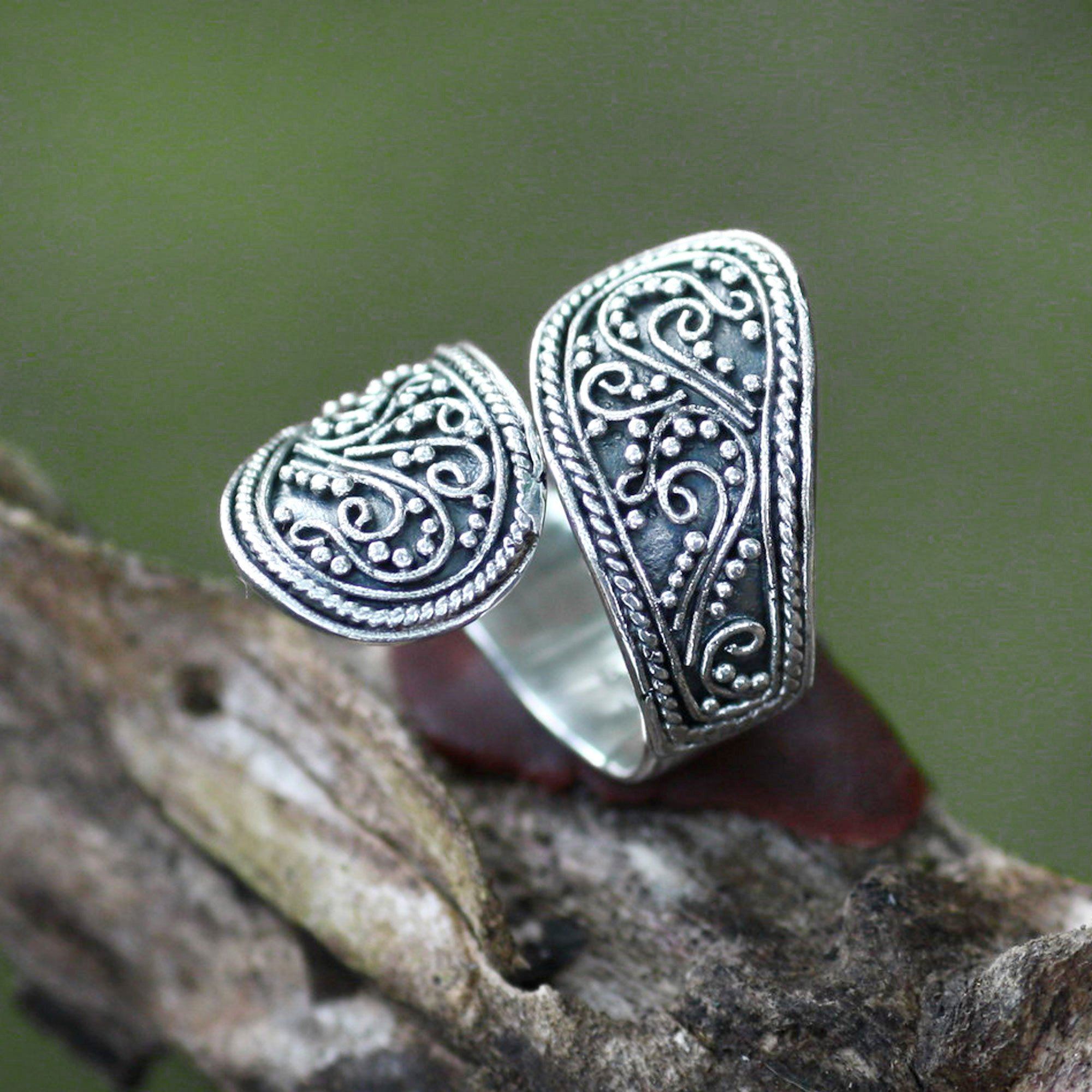 Premium Silver Floral Paisley Wrap Ring – Handcrafted Elegance