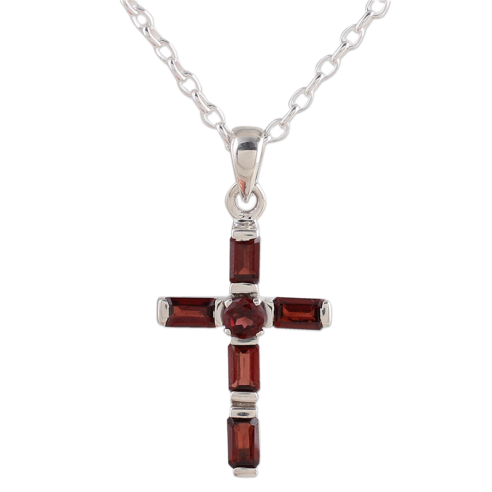 Premium Deep Crimson Cross Garnet & Silver Necklace - Handcrafted Elegance