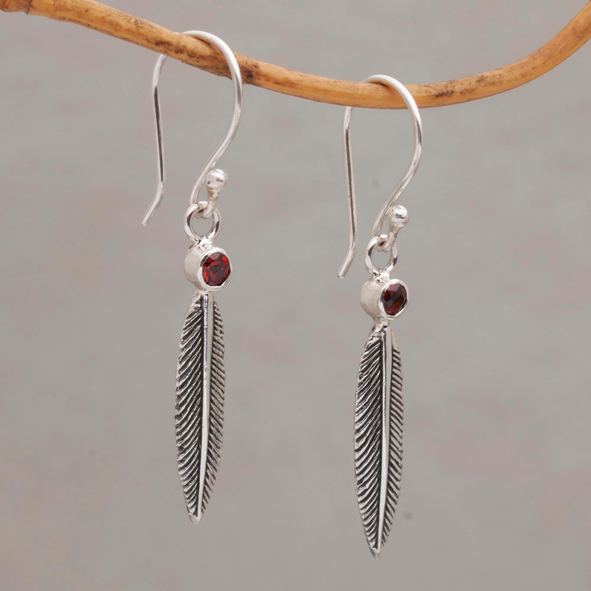 Premium Phoenix Feather Garnet Dangle Earrings – Handcrafted in Bali