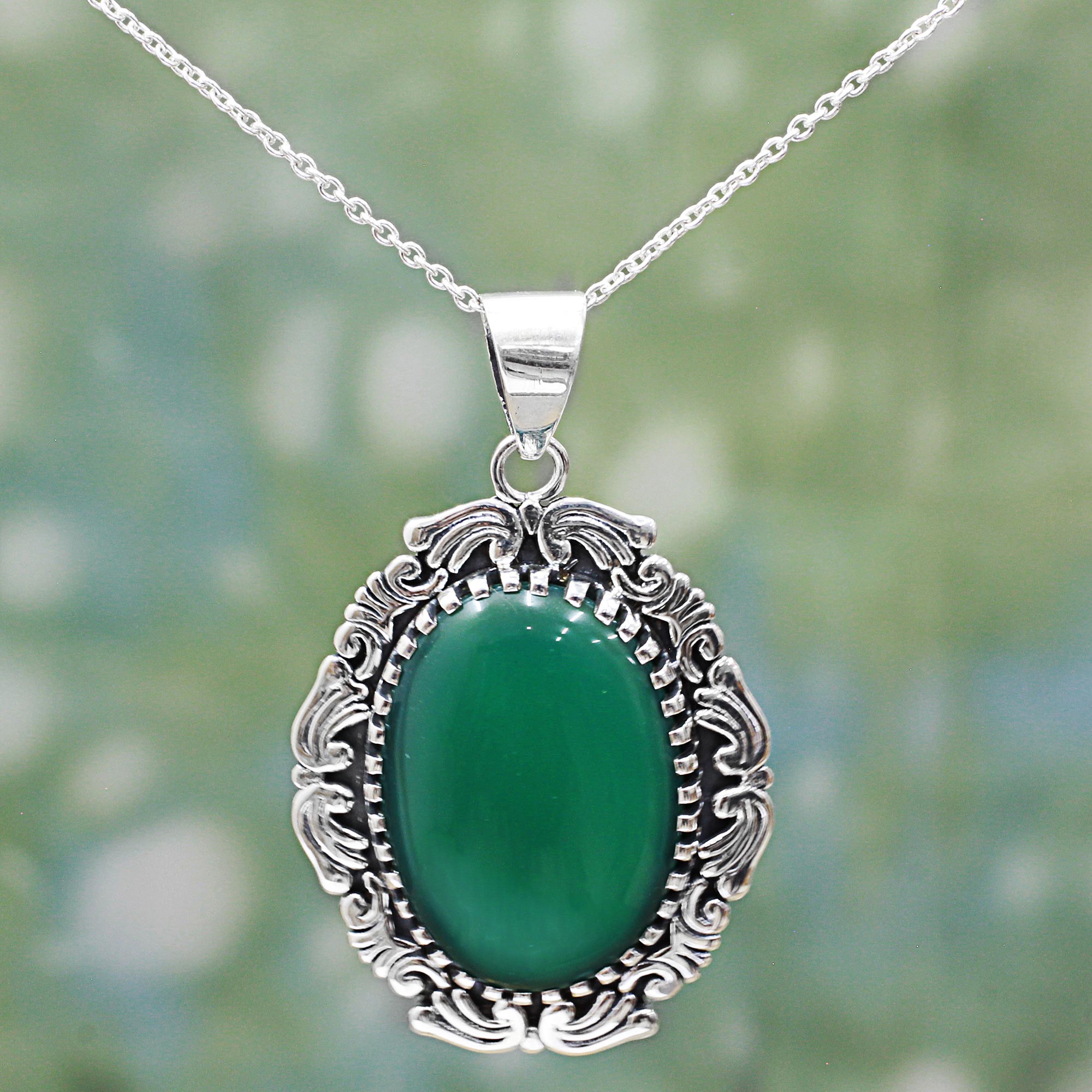 Premium Handcrafted Green Onyx Pendant Necklace - Sterling Silver Elegance