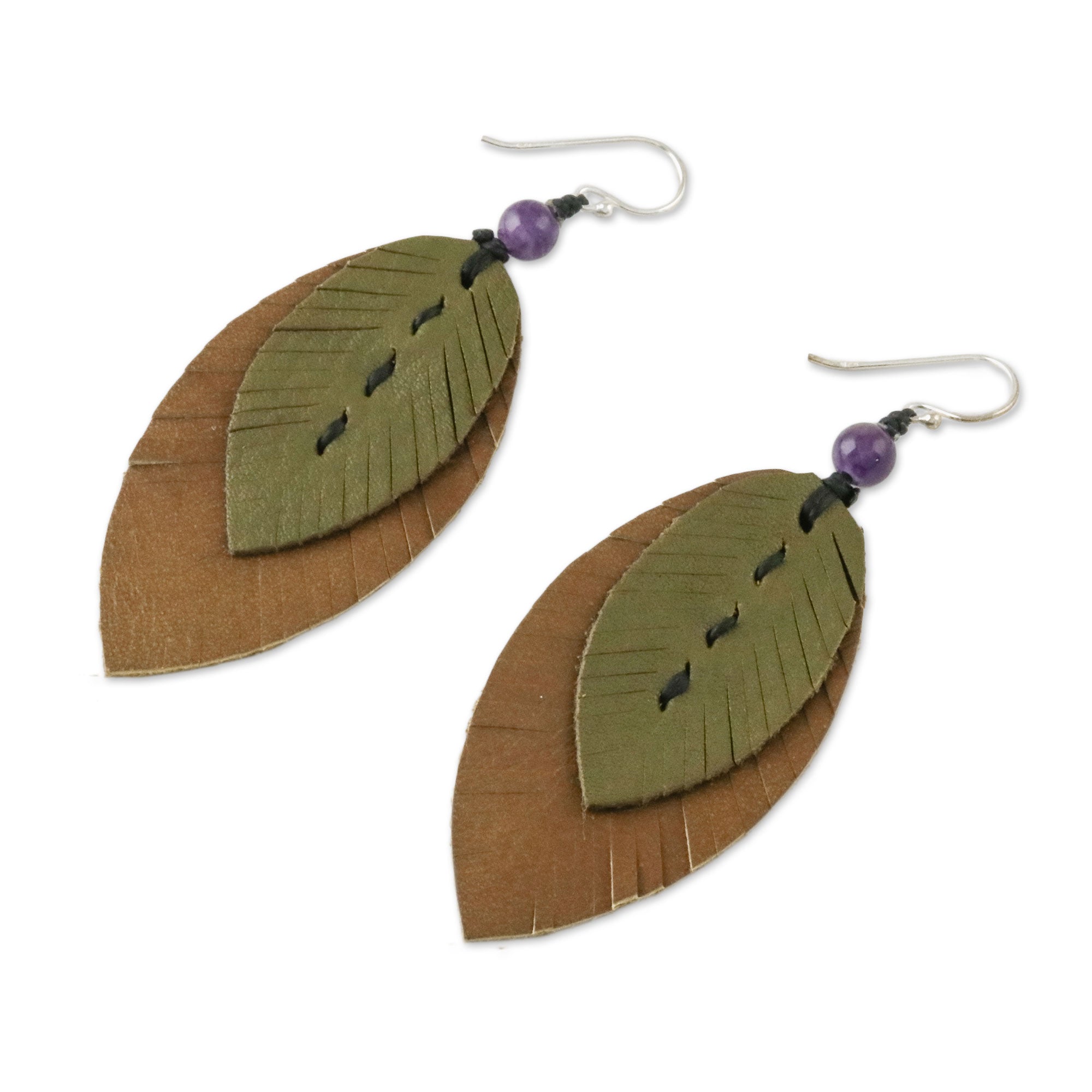 Premium Amethyst & Leather Leaf Dangle Earrings - Handcrafted in Thailand