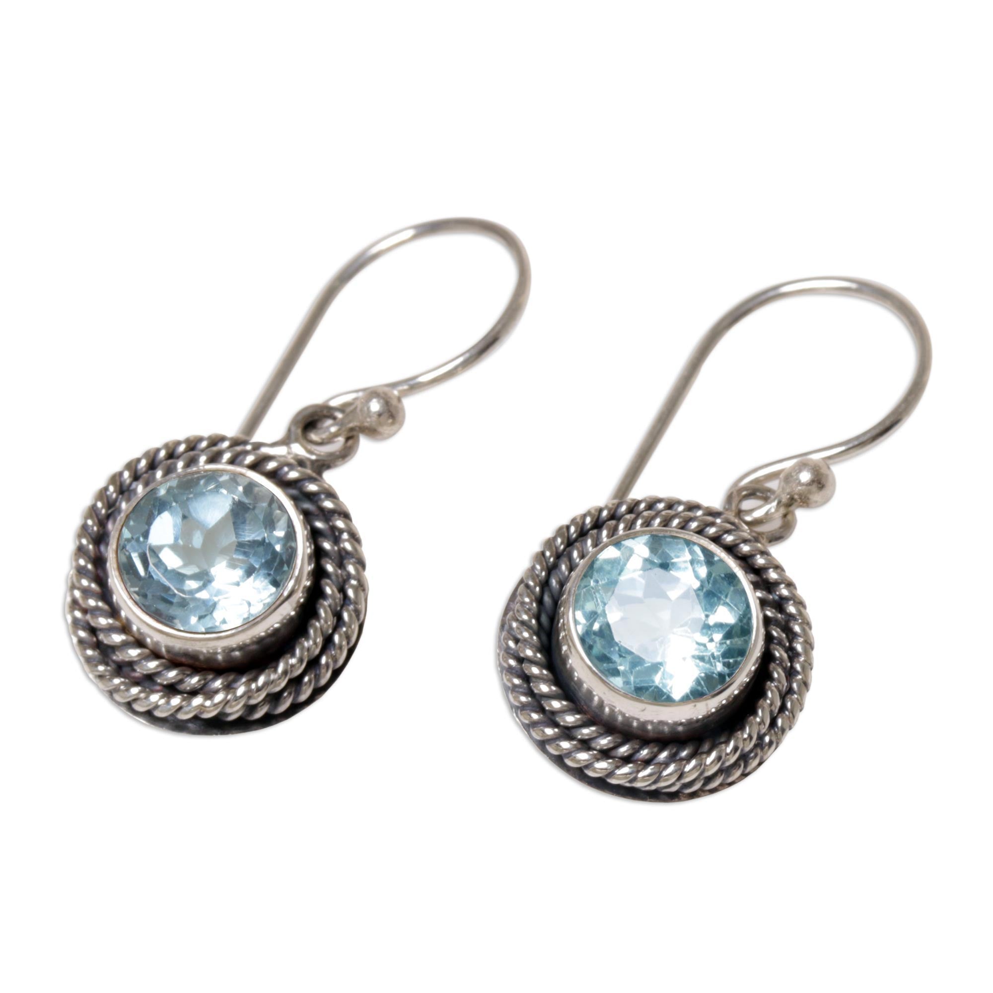 Premium Blue Topaz Dangle Earrings with Sterling Silver Rope Design