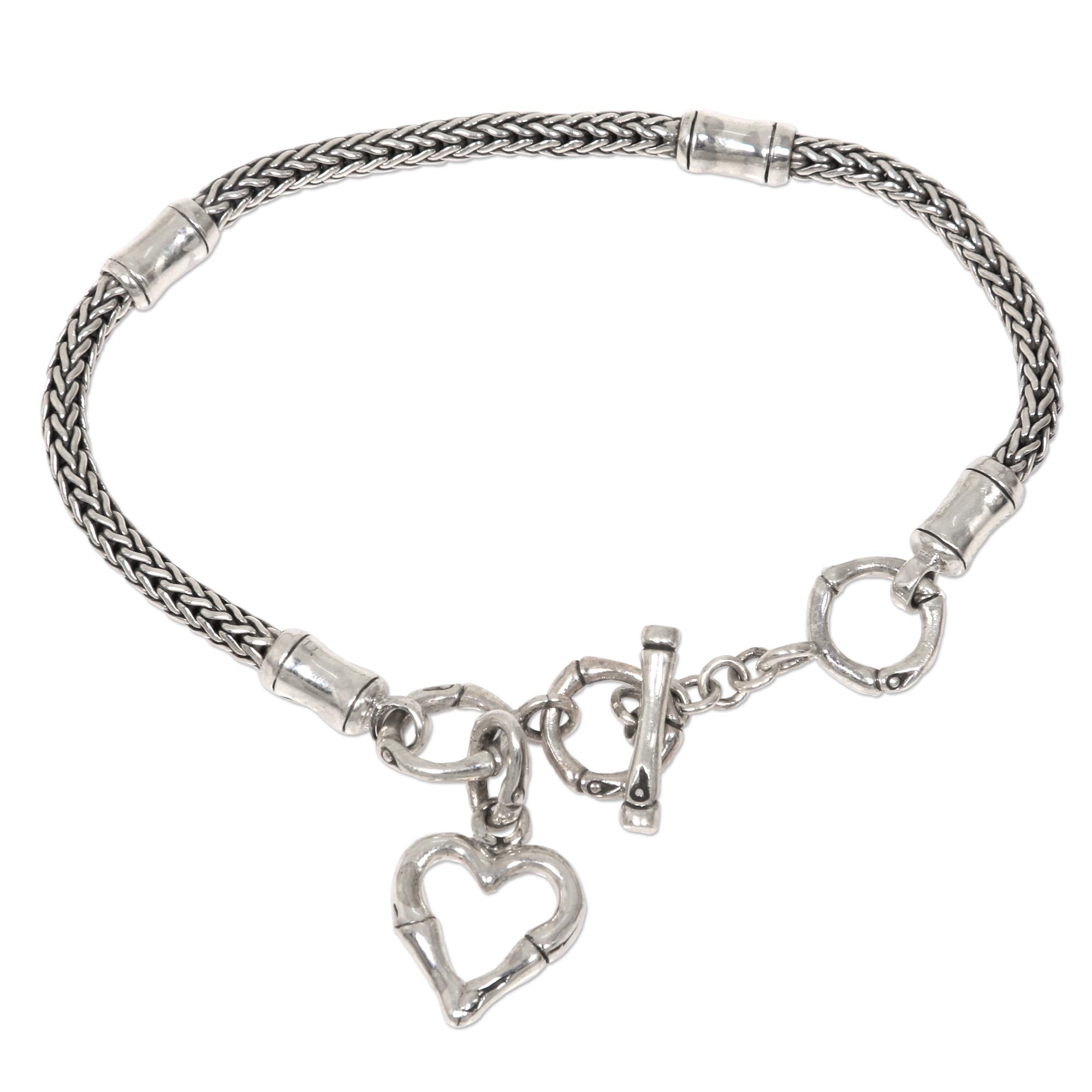 Premium Sterling Silver Bamboo Heart Charm Bracelet - Balinese Inspired Design