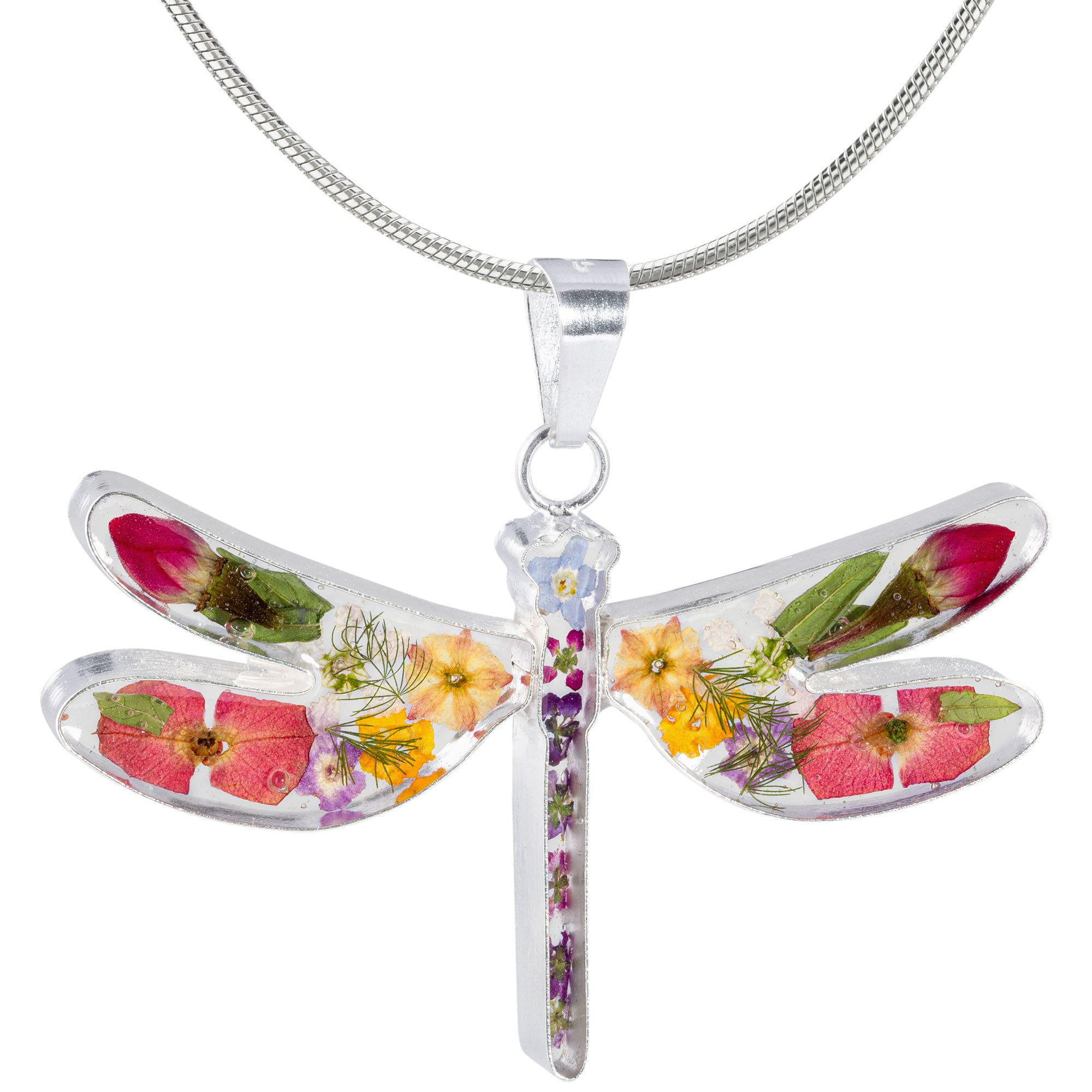 Premium Sterling Dragonfly Necklace with Real Flowers