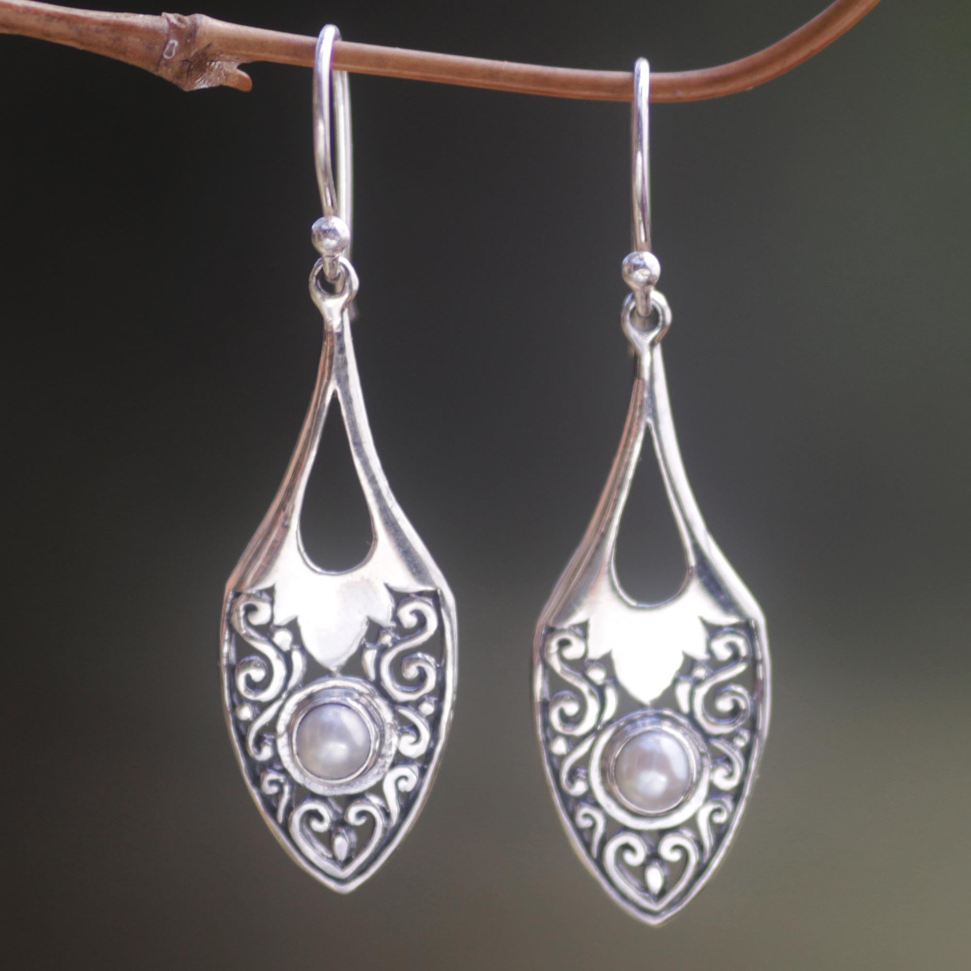 Premium Catch the Moon Sterling Silver & Cultured Pearl Dangle Earrings – Handcrafted in Indonesia