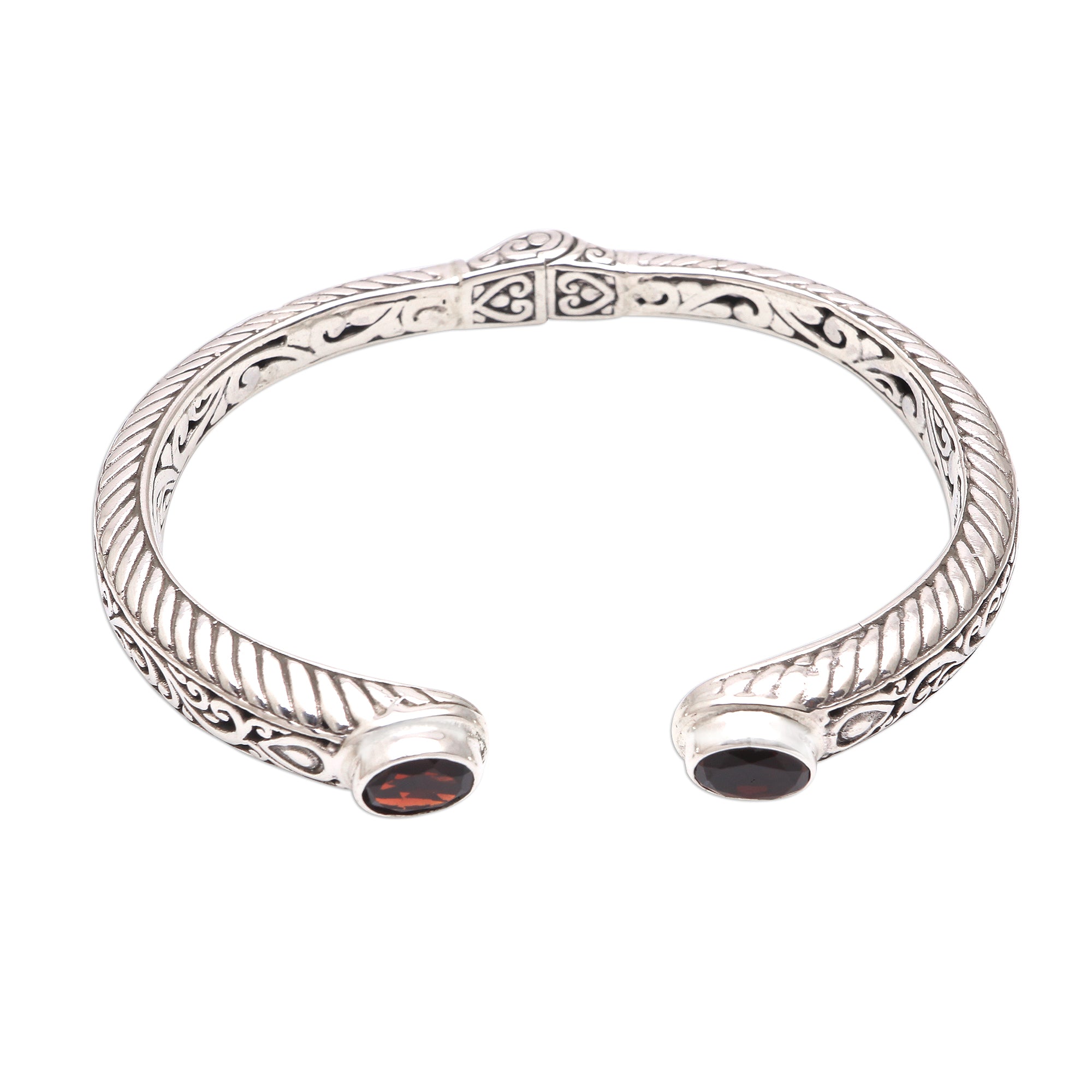 Premium Garnet Sterling Silver Scroll & Rope Cuff Bracelet – Handcrafted Elegance