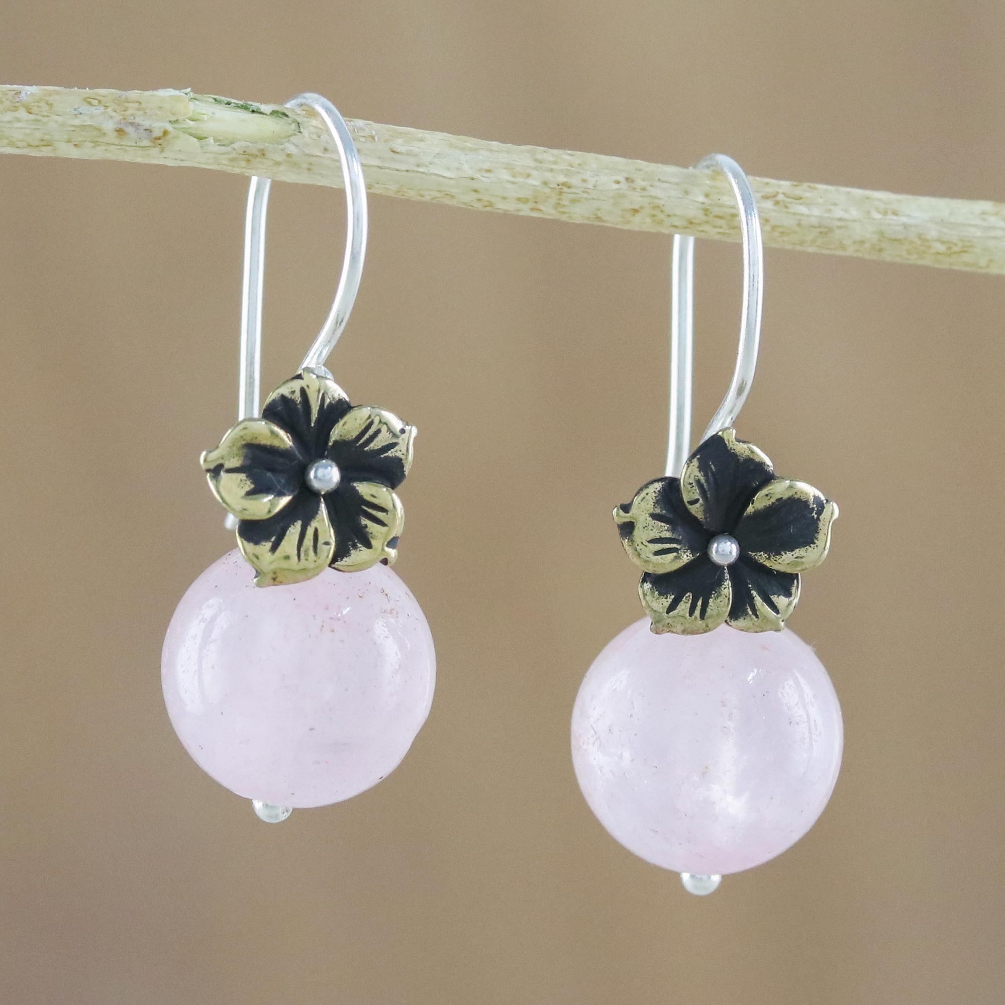 Premium Lunar Florescence Rose Quartz Dangle Earrings with Brass Flower