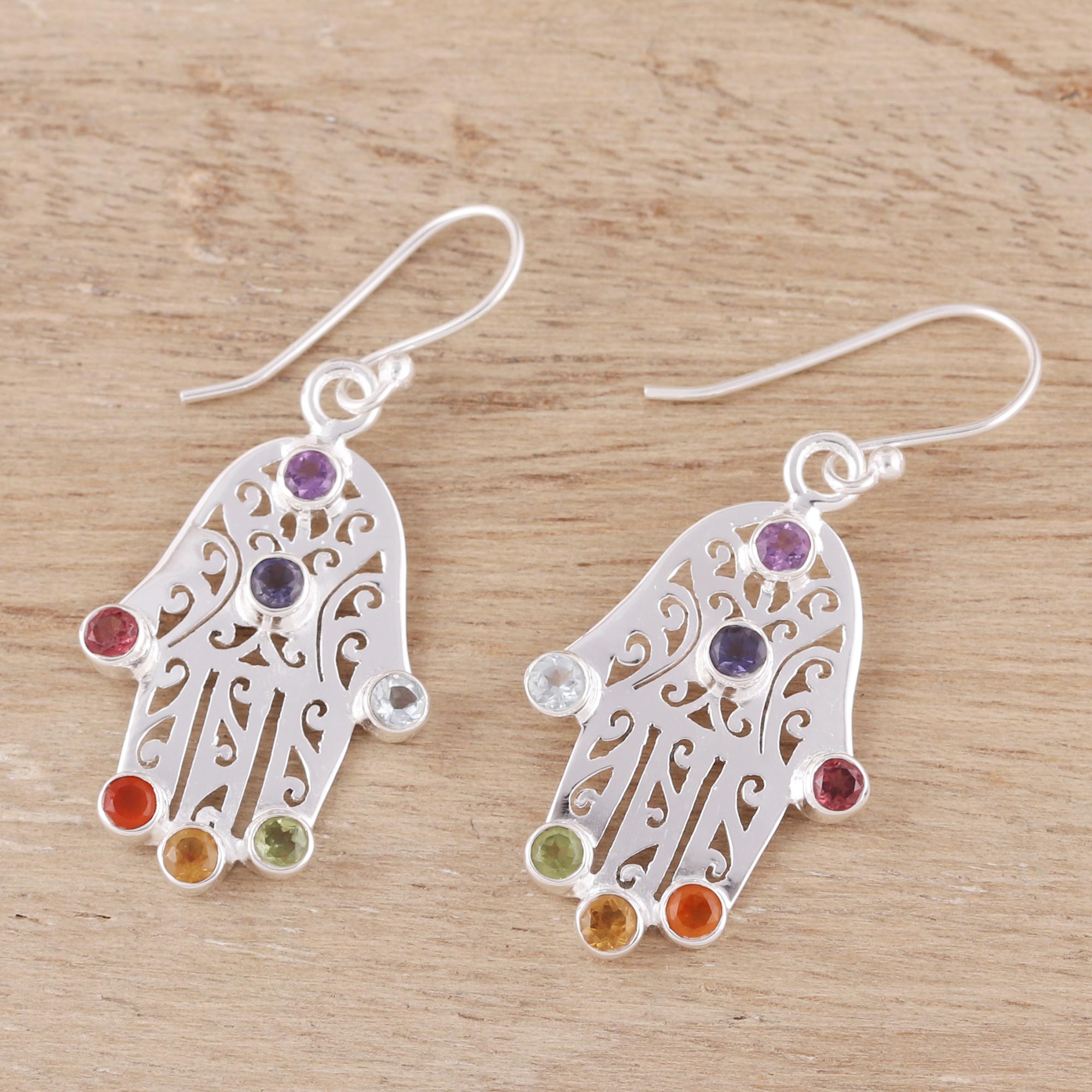 Premium Hamsa Chakra Multi-Gemstone Dangle Earrings - Handcrafted in India