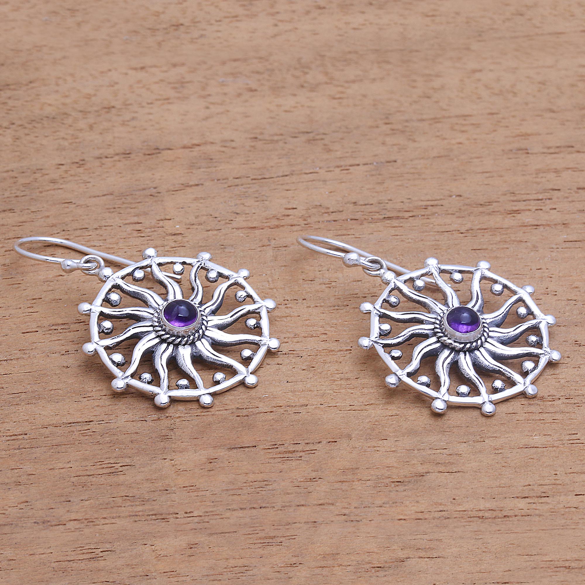 Premium Bali Amethyst Dangle Earrings - Regal Sun Design