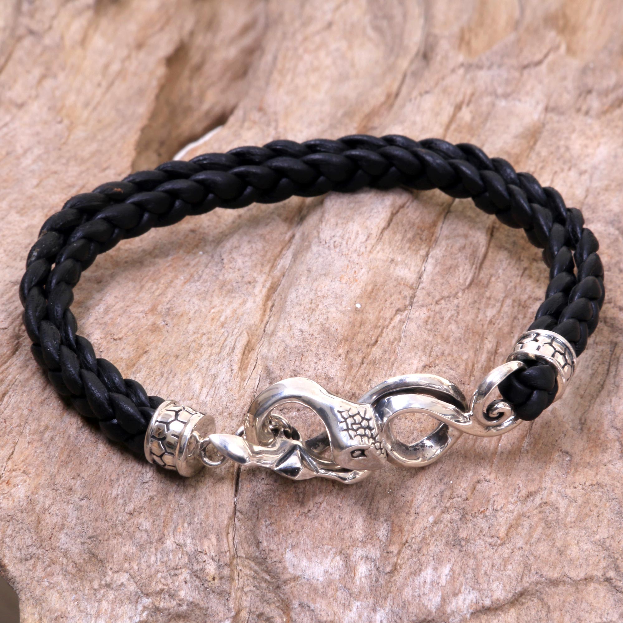 Premium Cobra Men's Black Leather Bracelet – Handcrafted with Sterling Silver Snake Clasp