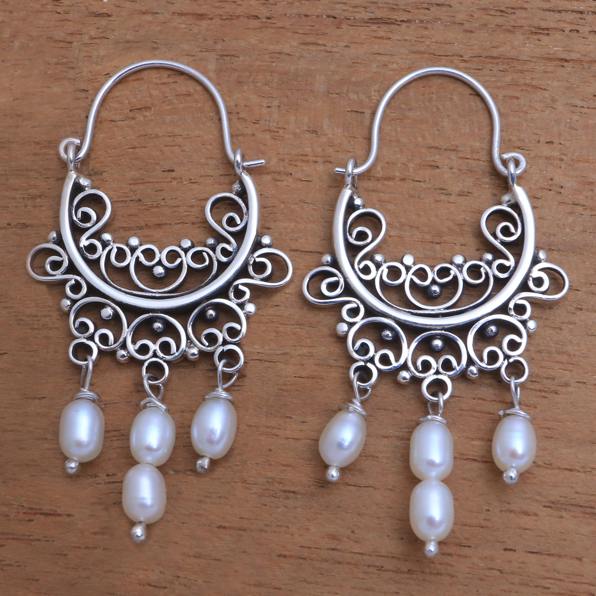 Premium Silver-White Cultured Pearl Chandelier Earrings | Handcrafted in Bali