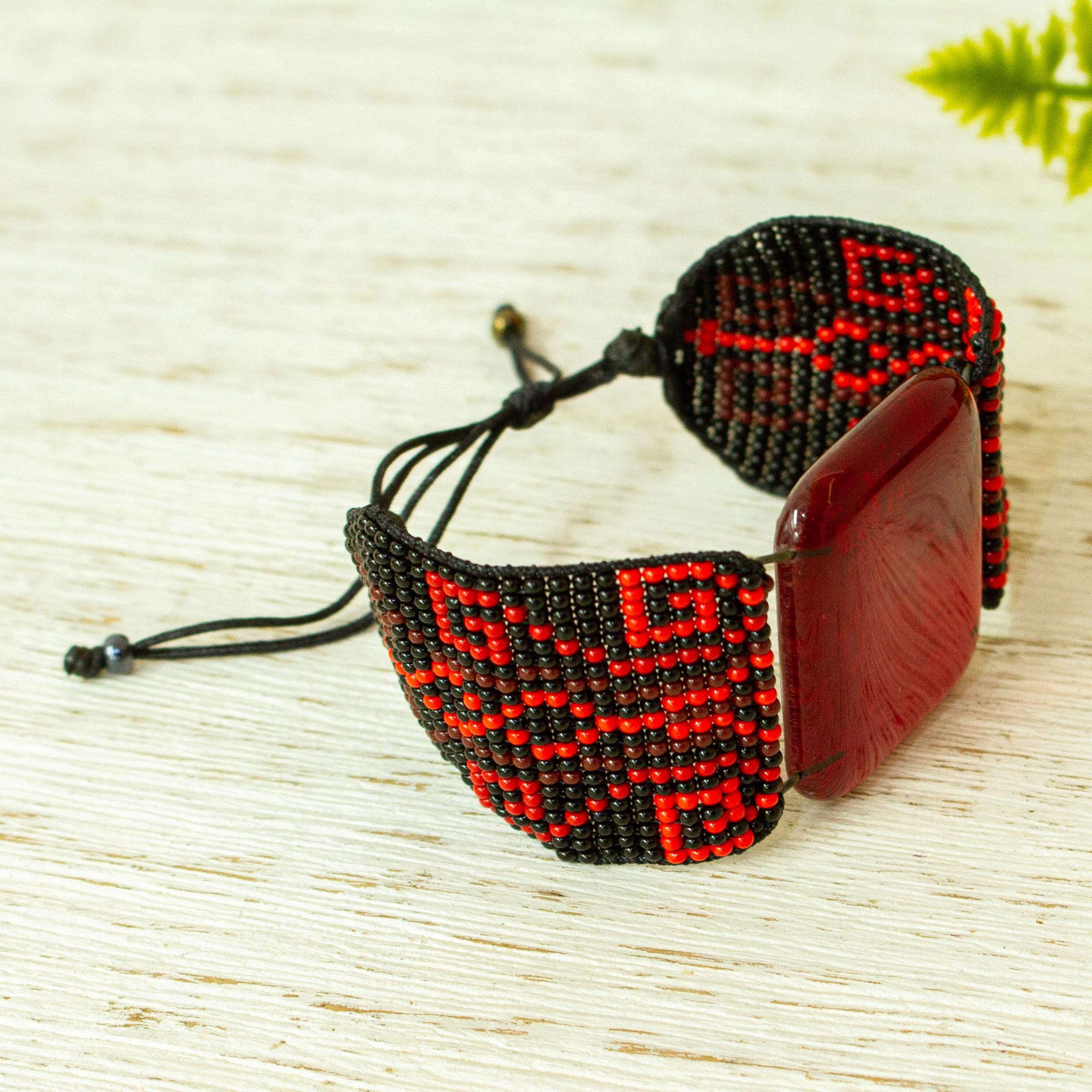 Premium Red & Black Glass Bead Bracelet with Glyph Pendant