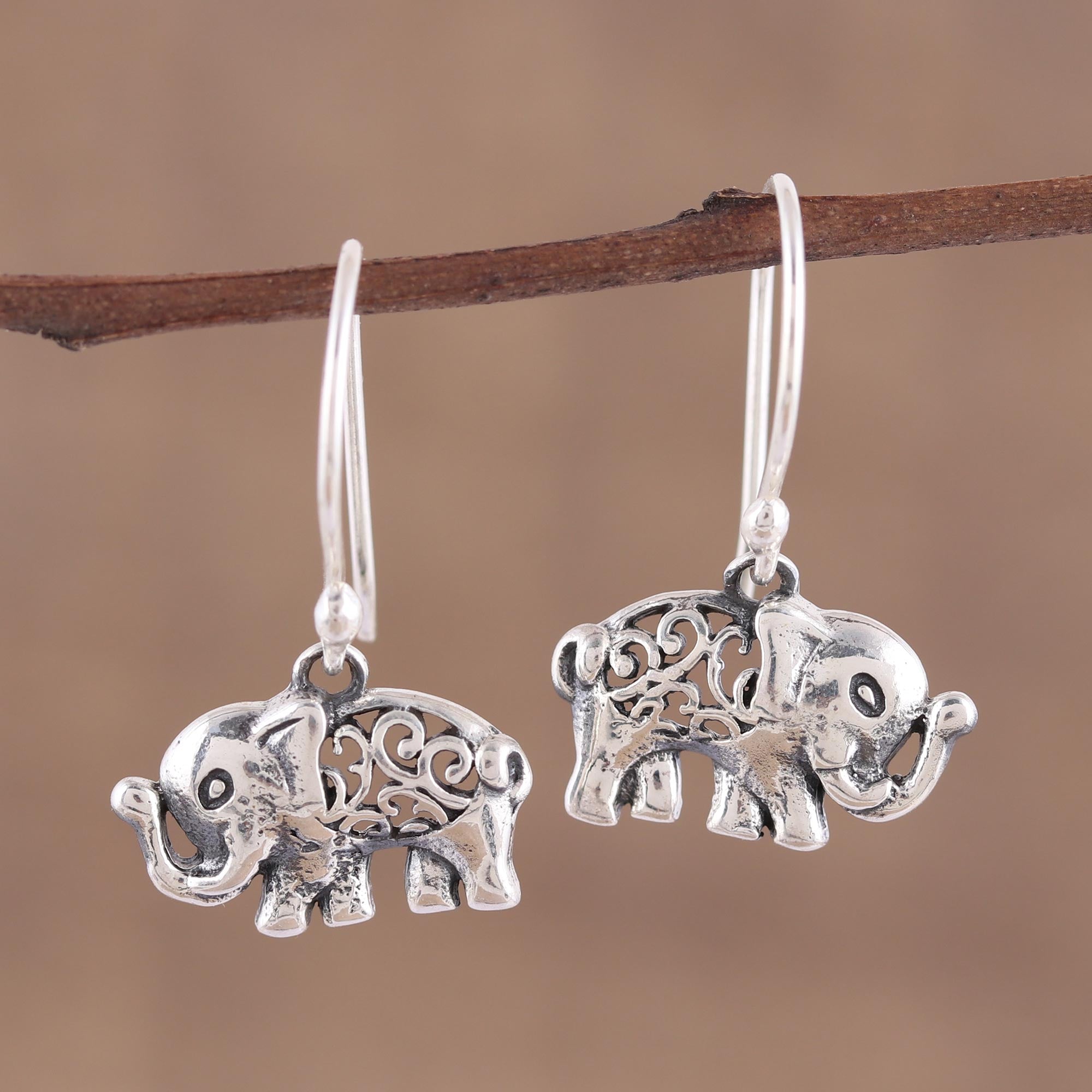 Premium Sterling Silver Elephant Dangle Earrings with Jali Motif