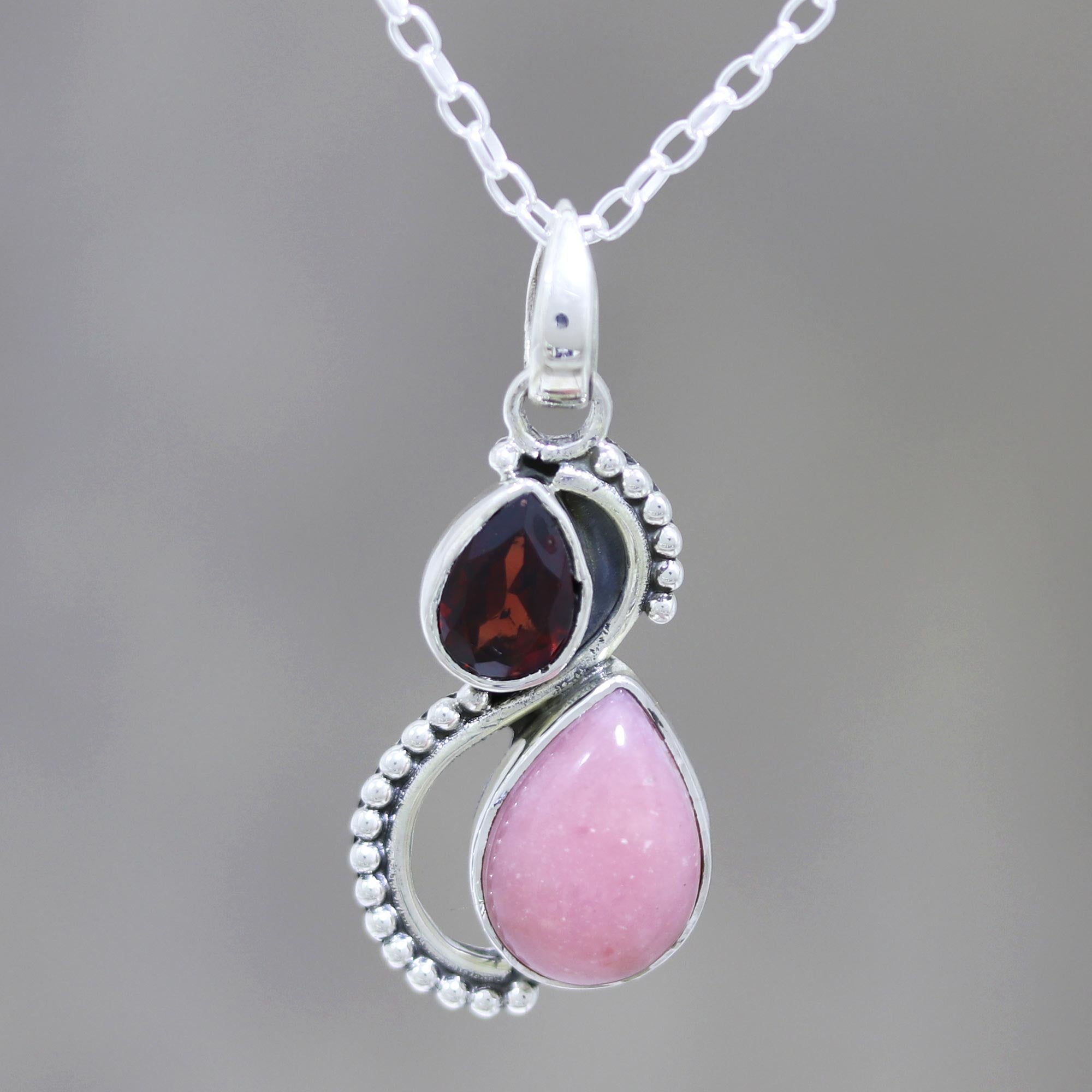 Premium Teardrop Garnet & Opal Pendant Necklace - Handcrafted Sterling Silver Jewelry from India