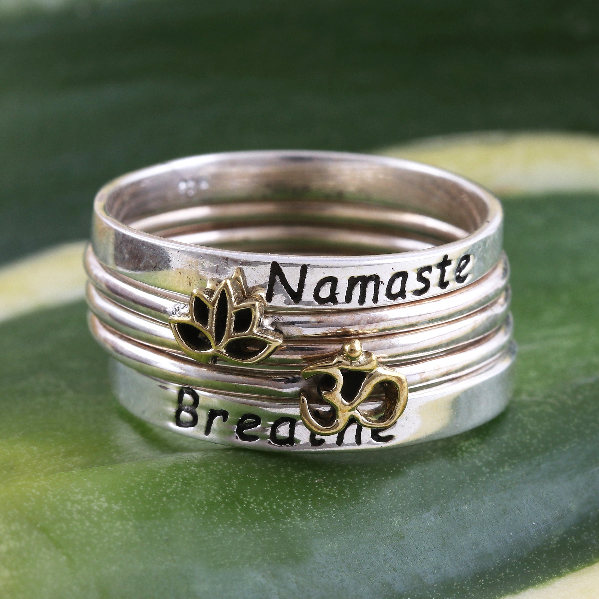 Premium Namaste & Breathe Stackable Sterling Silver Rings - Ultimate Peaceful Greetings