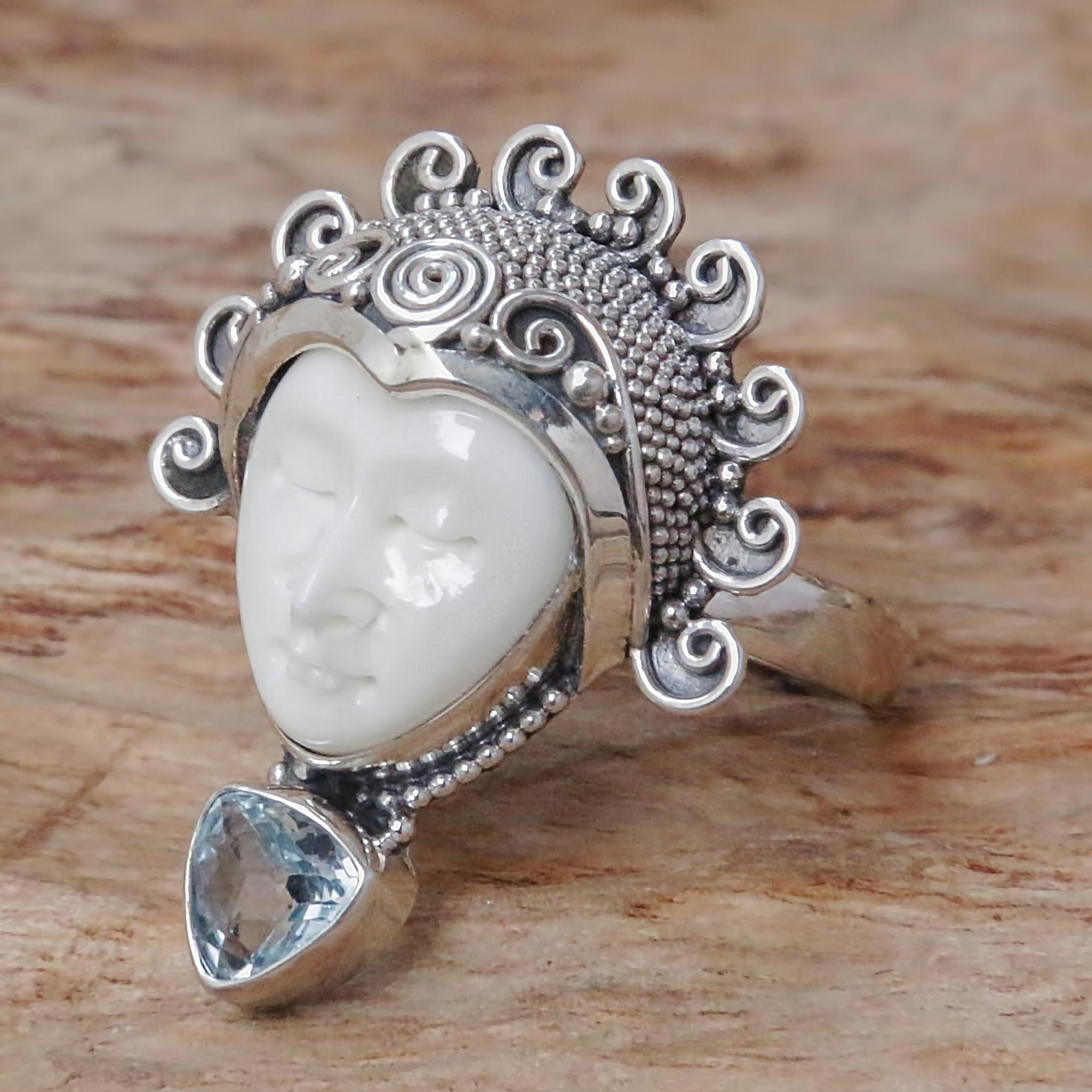 Premium Saraswati Blue Topaz & Sterling Silver Bone Cocktail Ring - Handcrafted in Bali