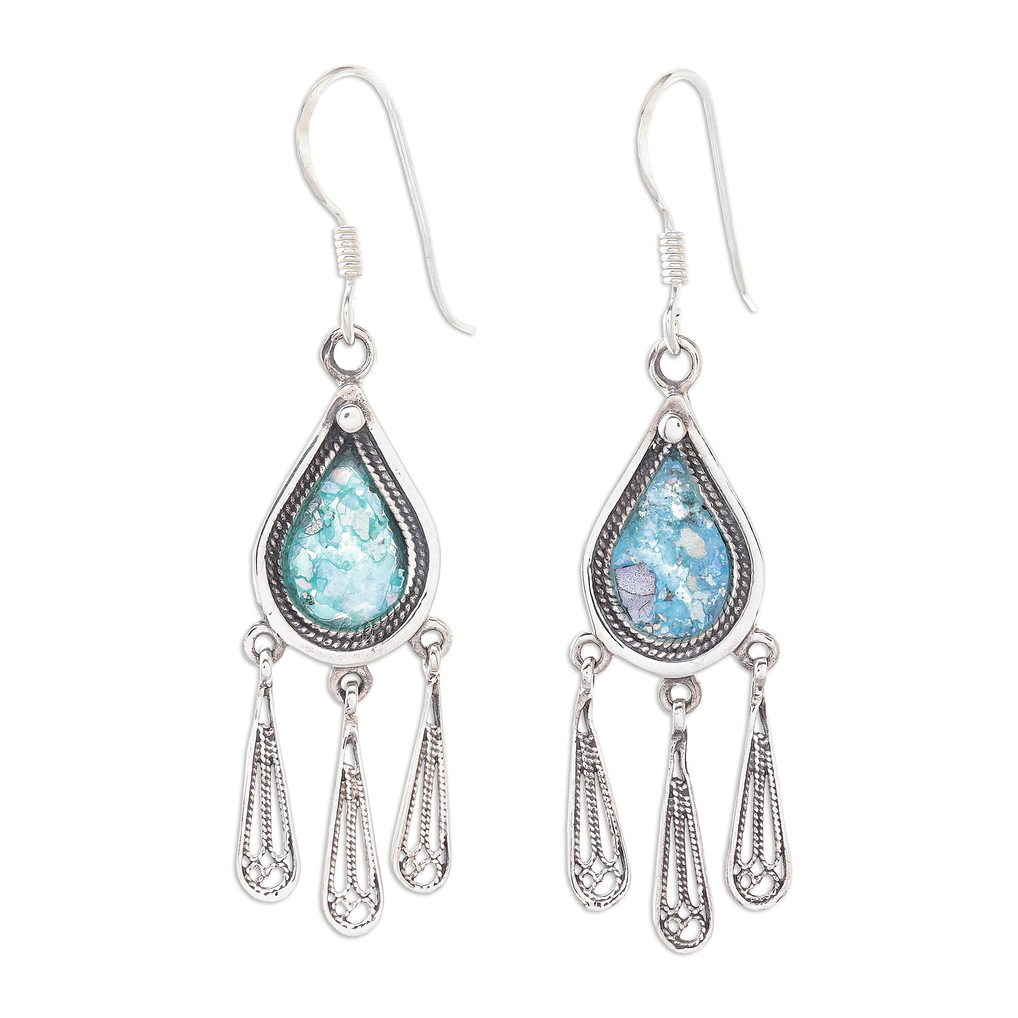 Premium Ancient Roman Glass Raindrop Earrings - Handcrafted Sterling Silver Jewelry