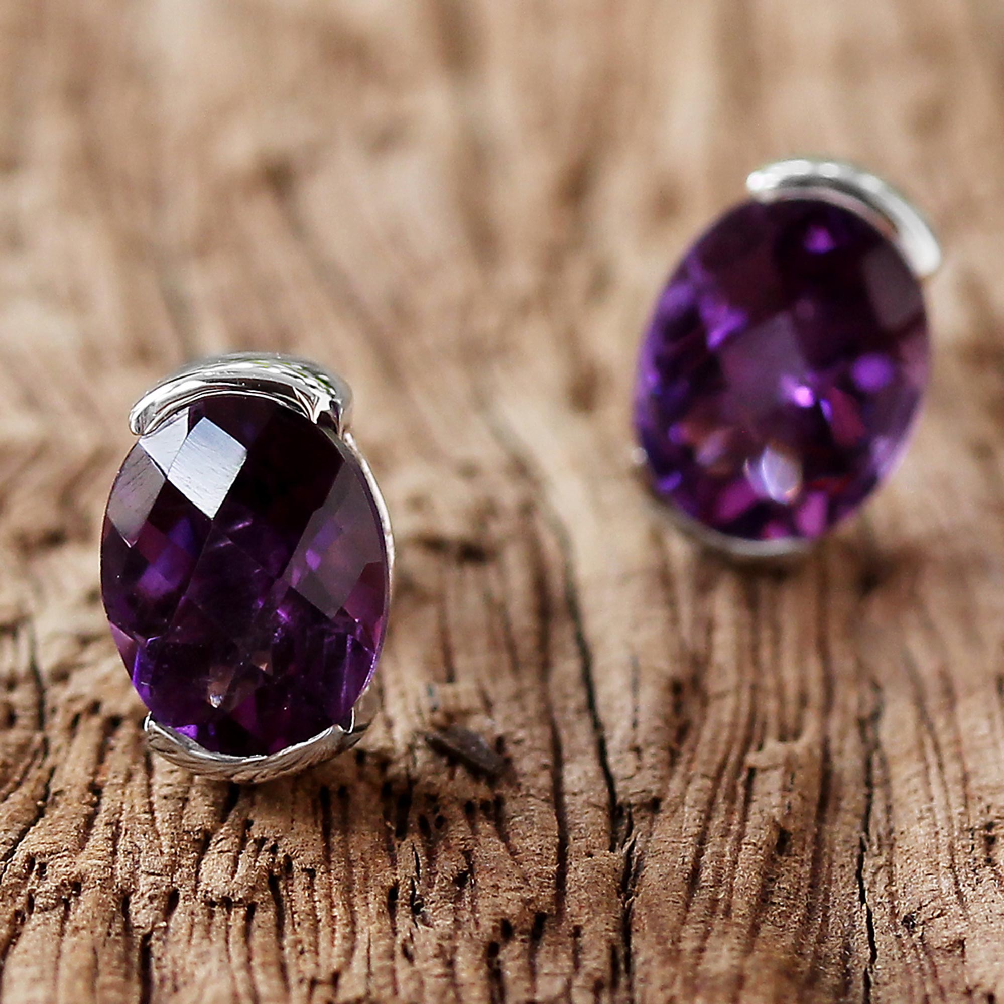 Premium Amethyst Sterling Silver Stud Earrings - Elegant Thai Design