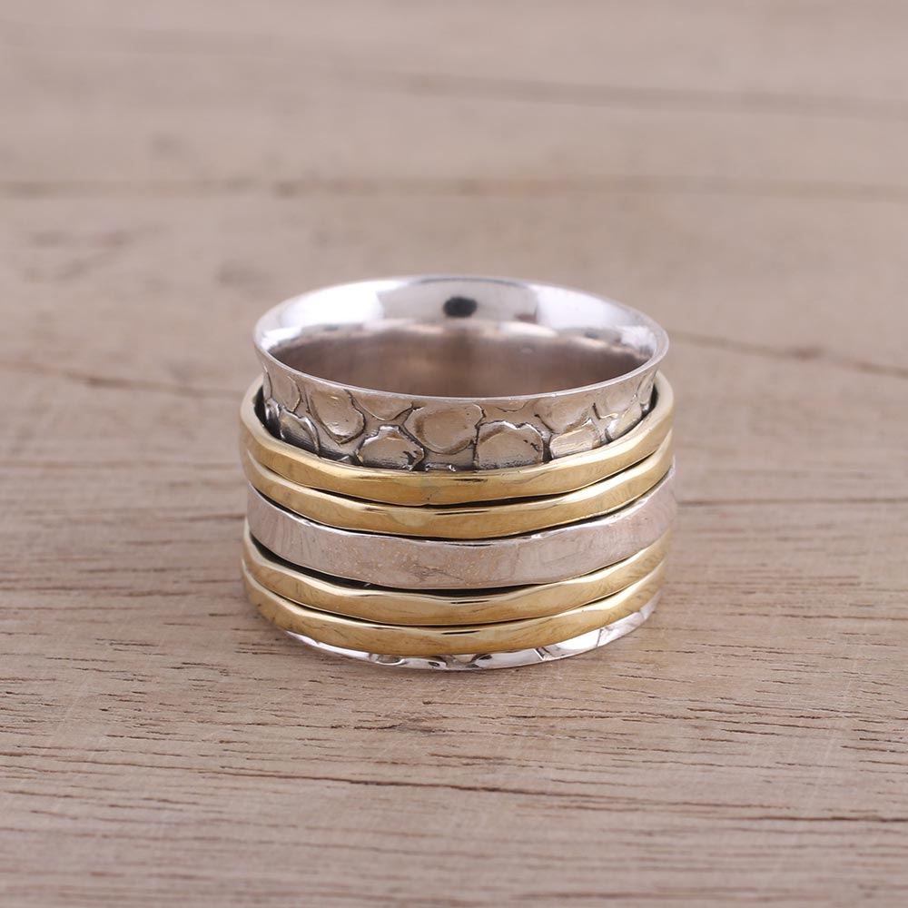 Premium Handmade Five Rotations Spinner Ring - Sterling Silver & Brass | Meditation Jewelry