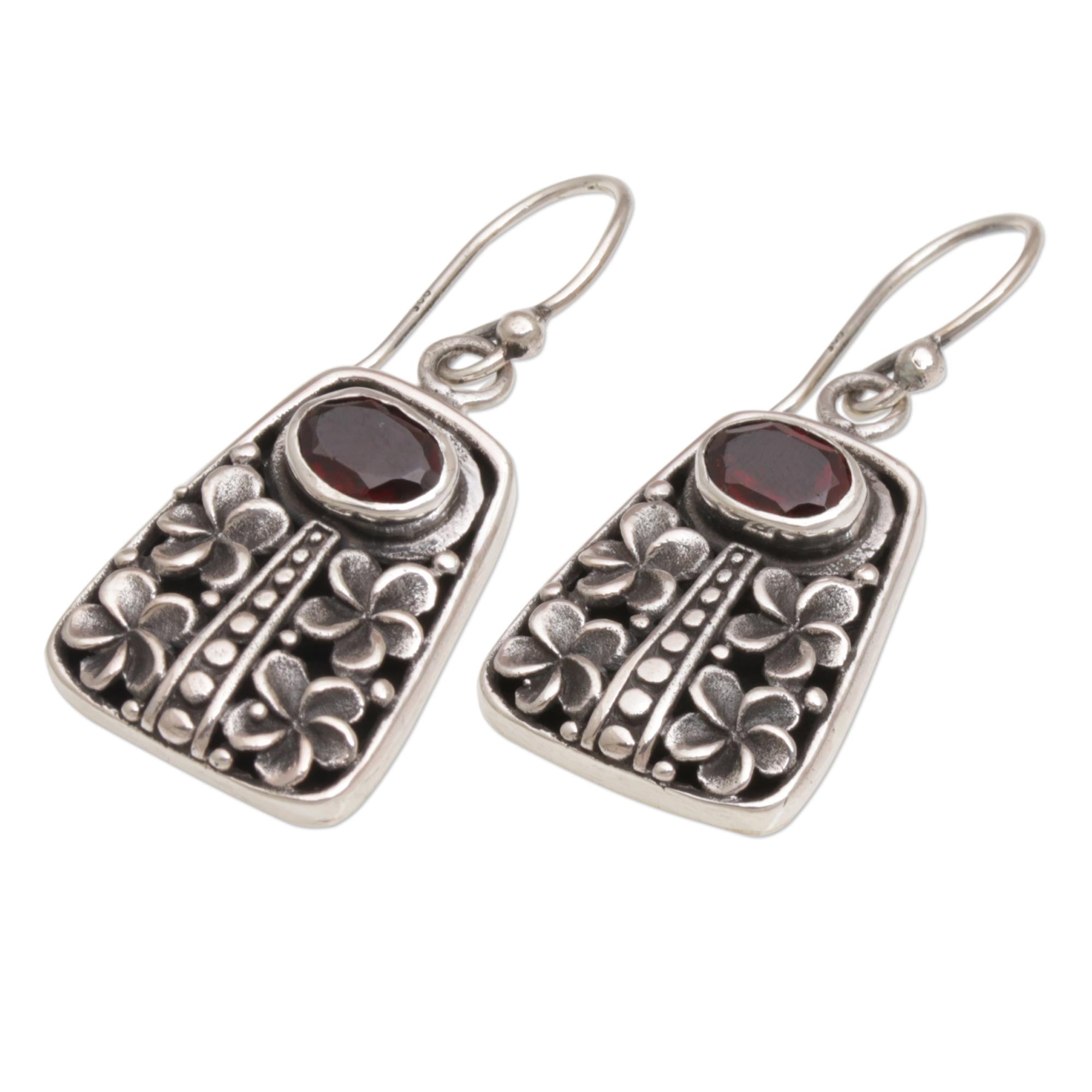 Premium Pura Garnet & Sterling Silver Floral Dangle Earrings from Bali - Handcrafted Elegance