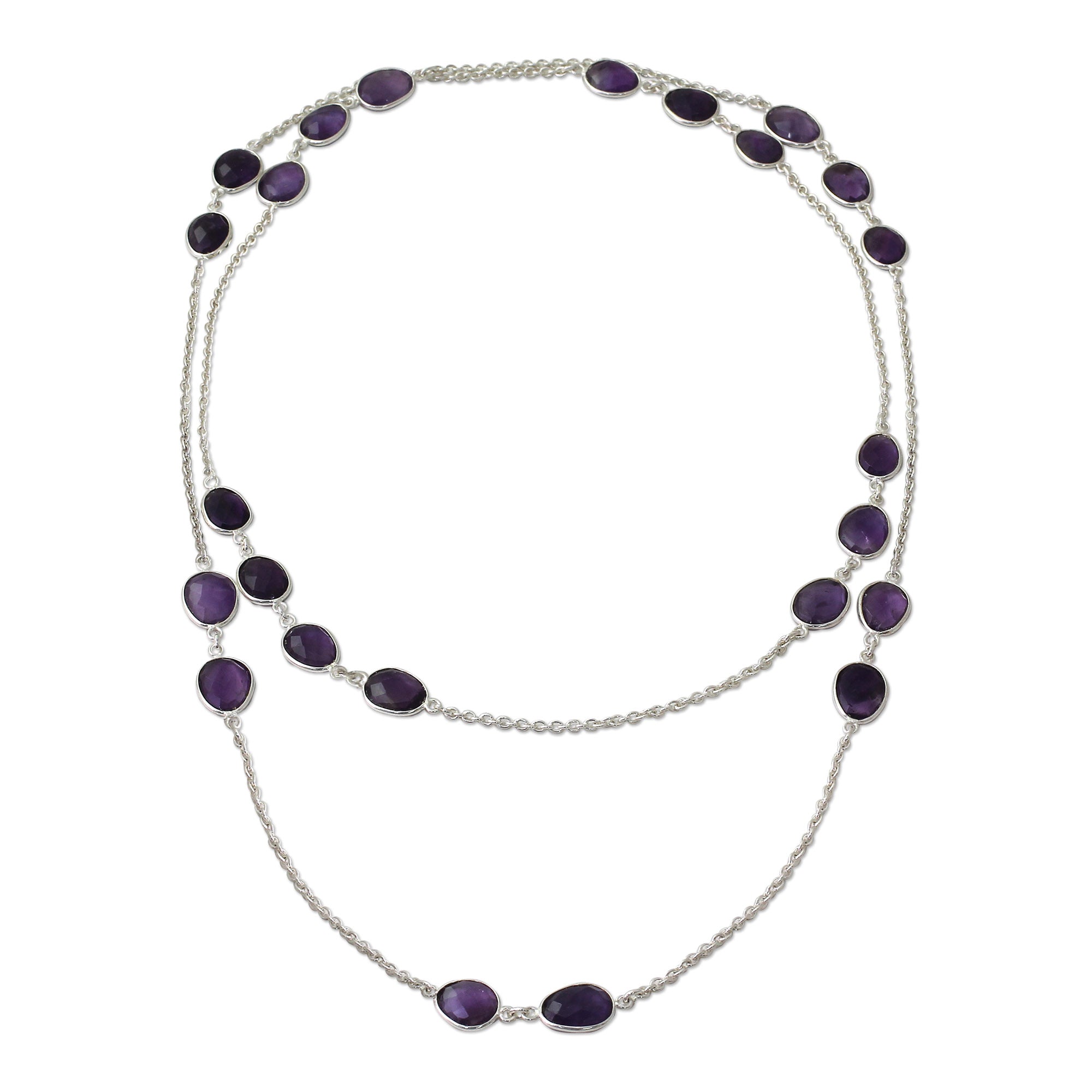 Premium Amethyst Sterling Silver Long Necklace - Handcrafted Elegance by Indian Artisans