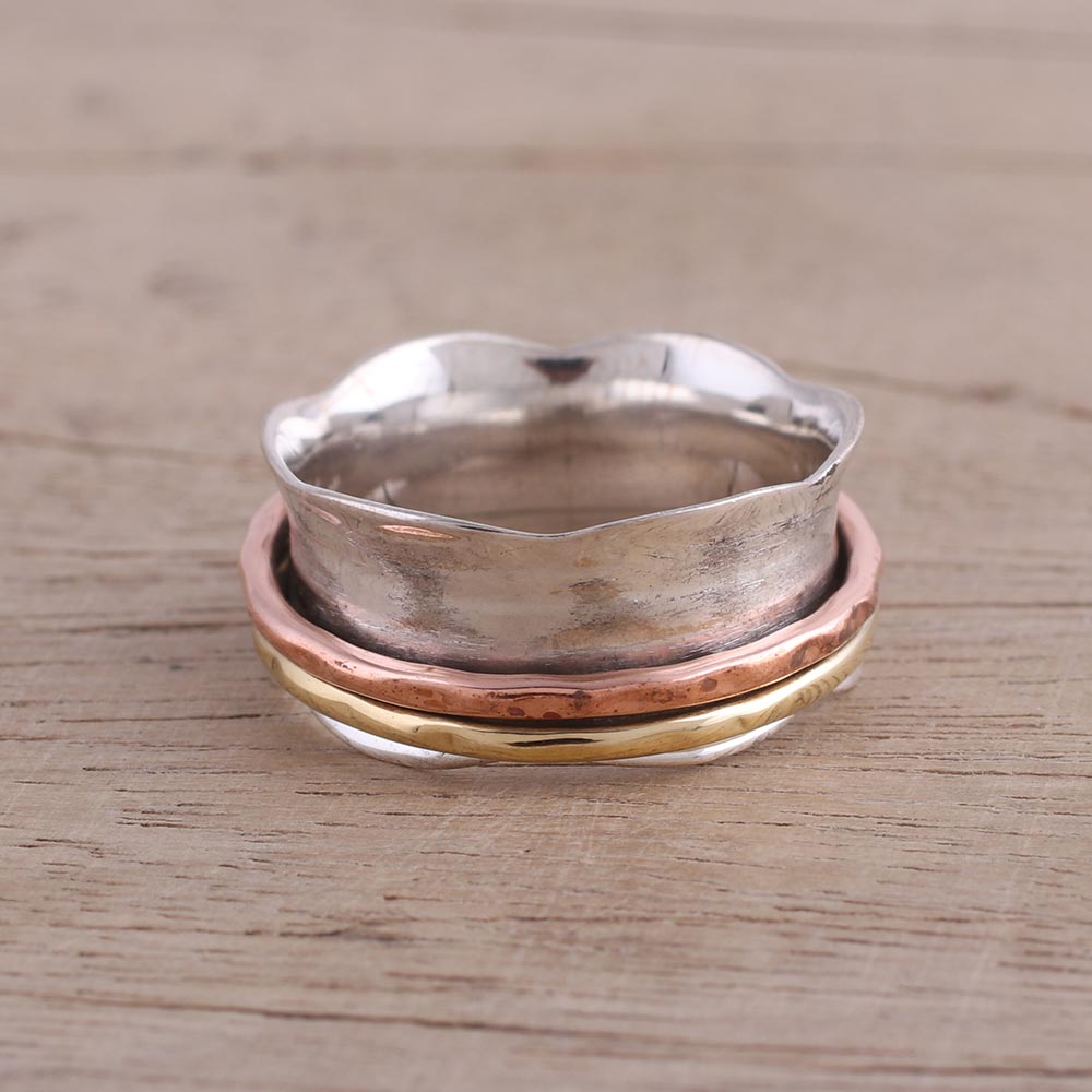 Premium Wavy Cyclone Spinner Ring - Sterling Silver, Copper & Brass Meditation Jewelry