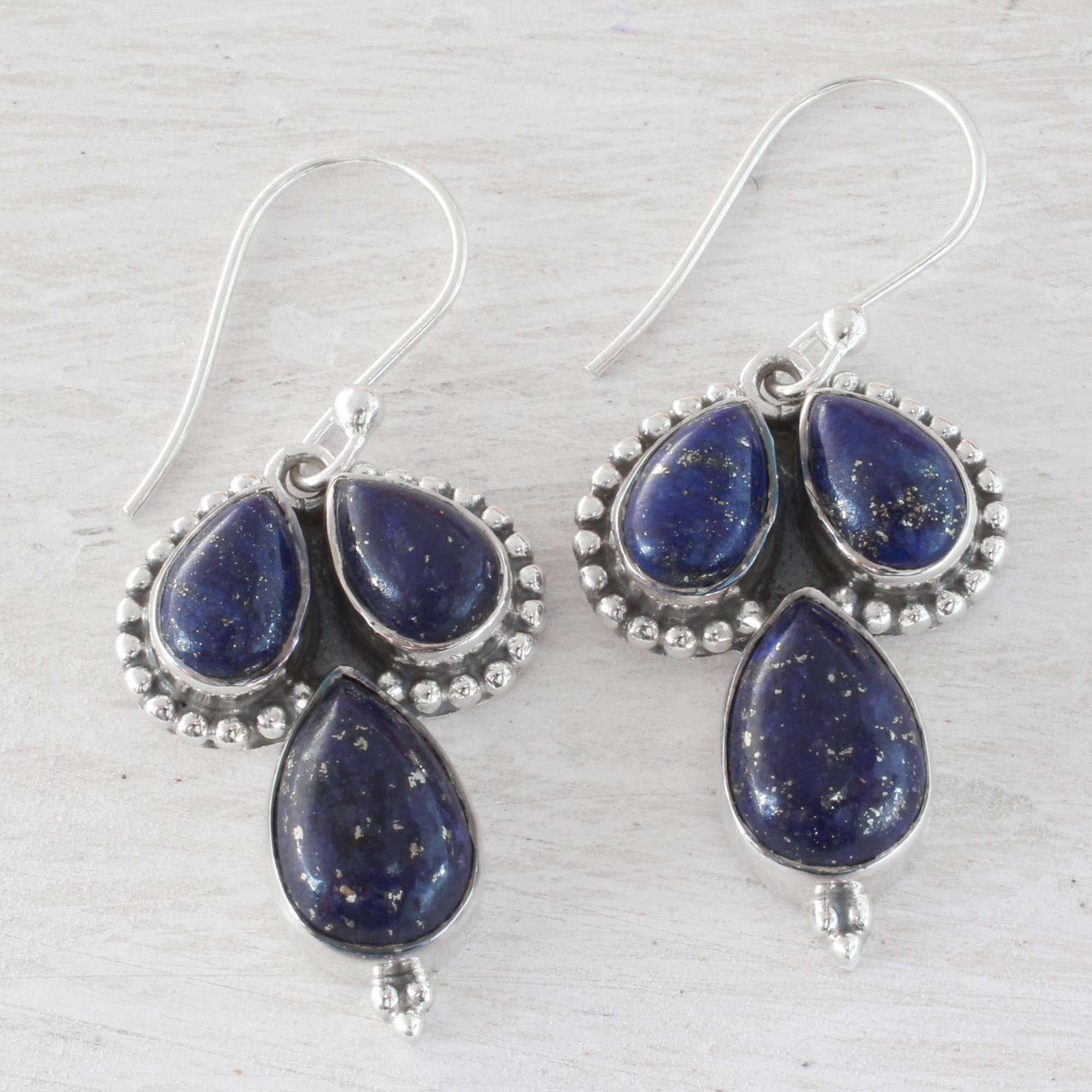 Premium Lapis Lazuli Sterling Silver Dangle Earrings – Handcrafted Trio Design