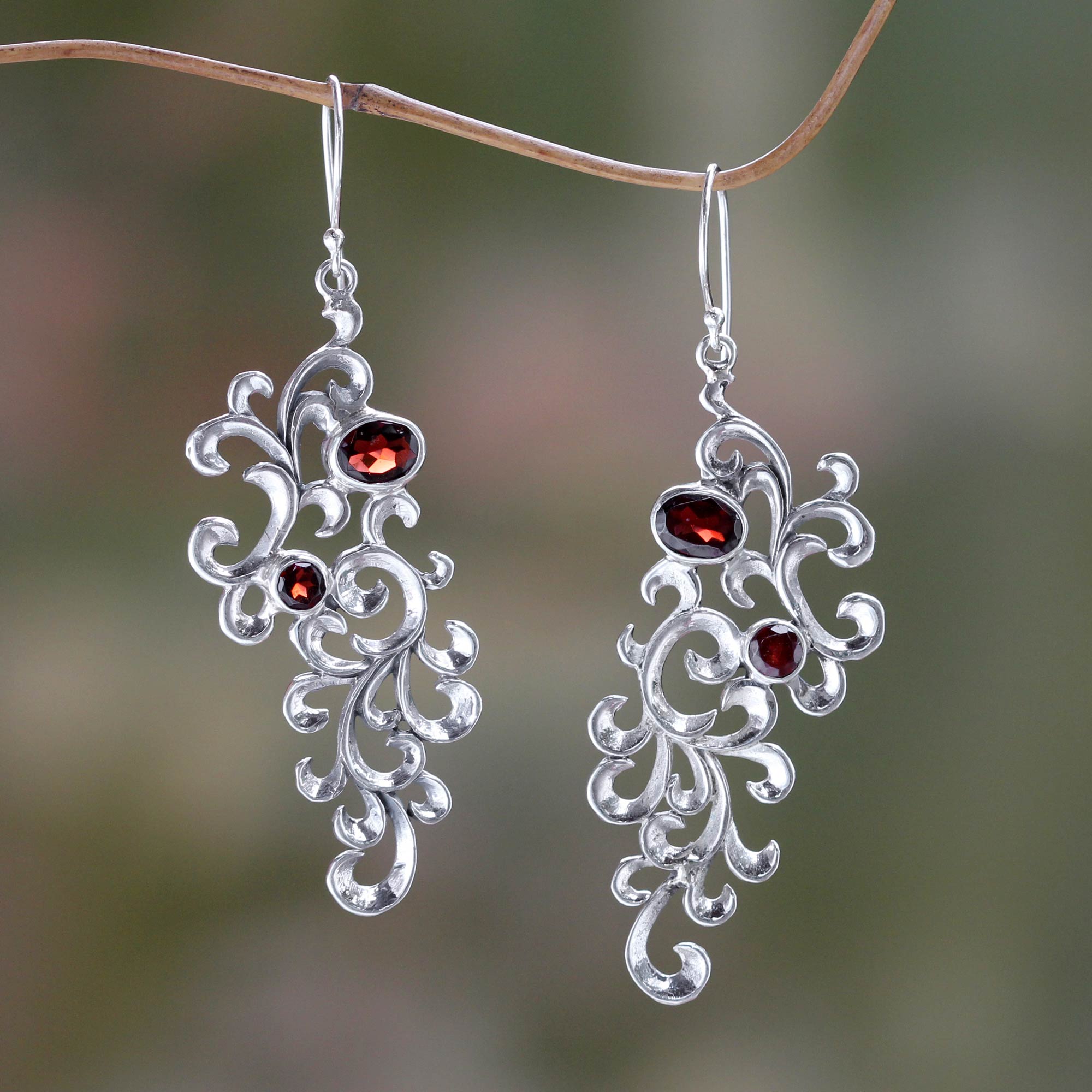 Premium Trailing Vines Garnet Dangle Earrings - Handcrafted Sterling Silver Jewelry