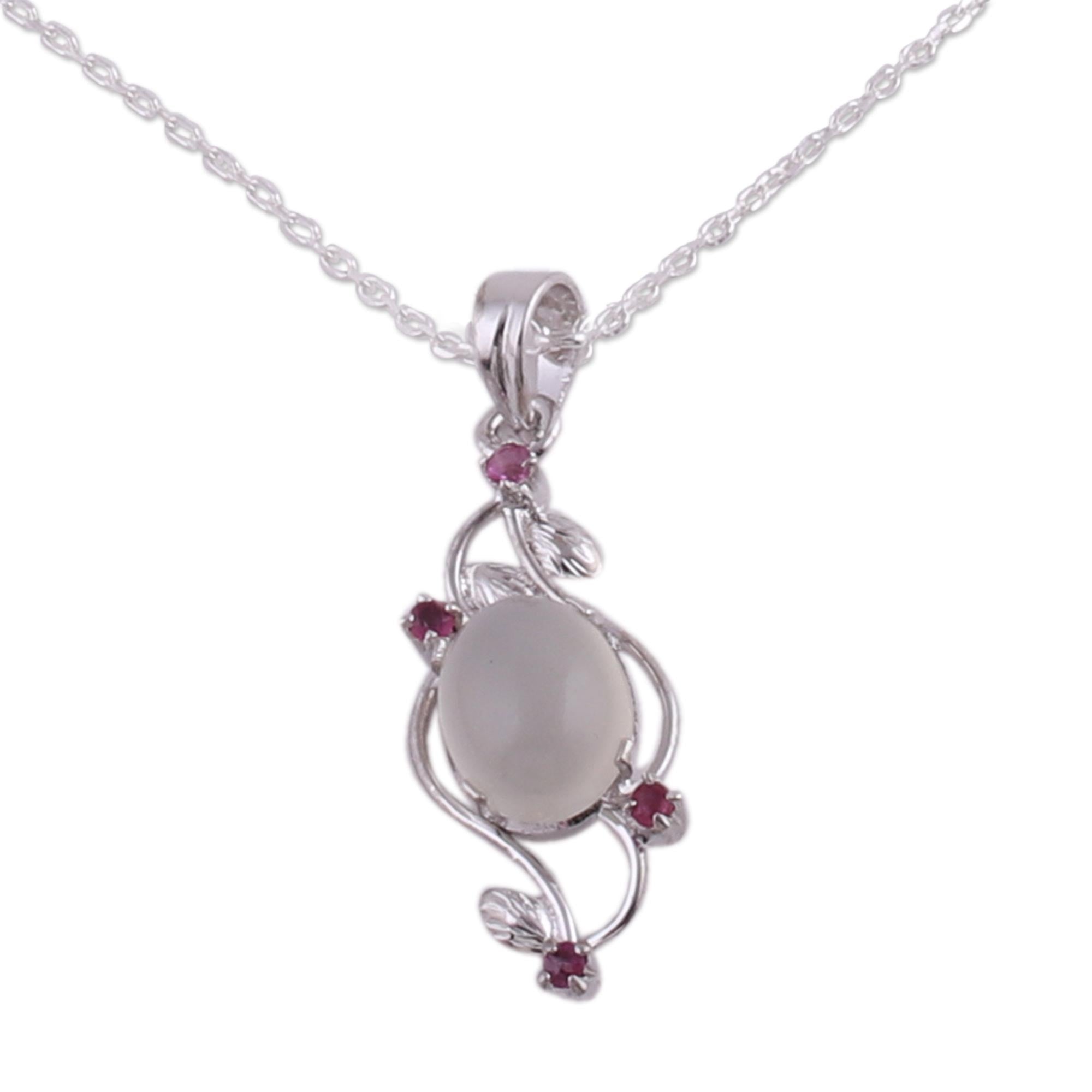 Premium Moonstone & Ruby Pendant Necklace - Elegant Sterling Silver Jewelry