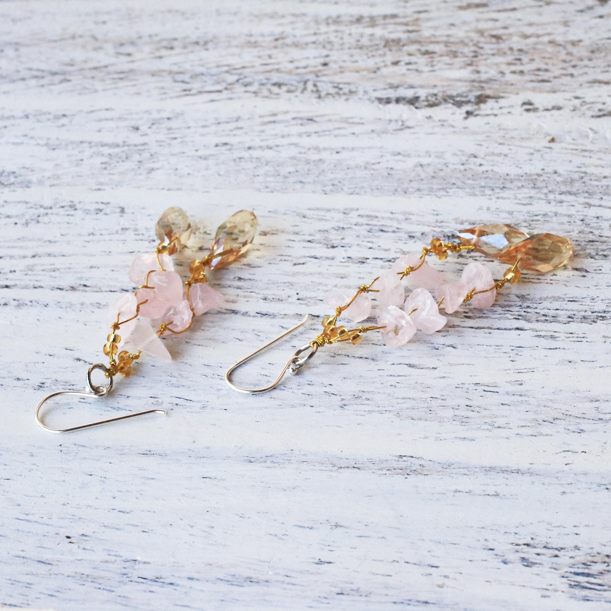 Premium Rose Quartz Dangle Earrings with Glass Beads – Handcrafted in Thailand