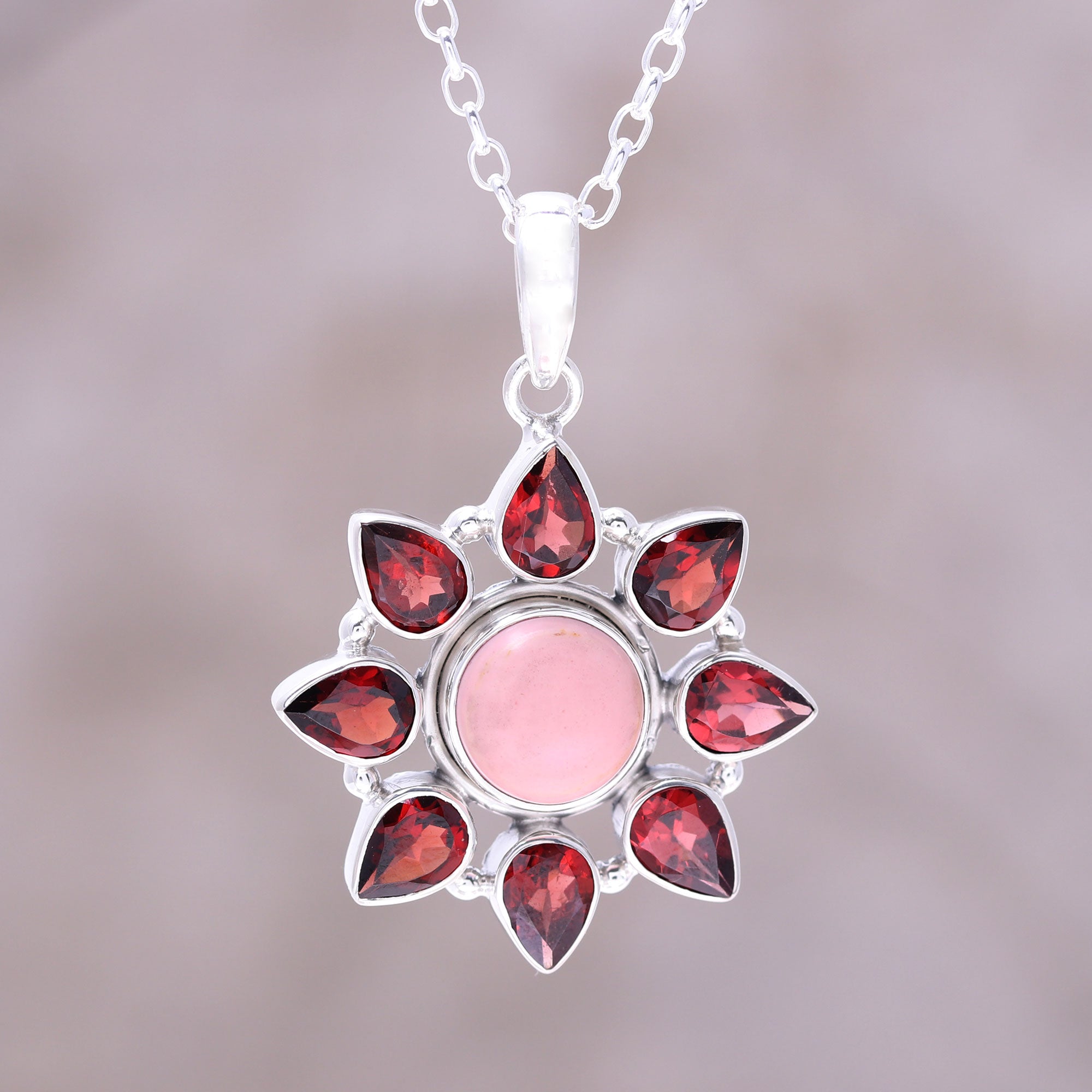 Premium Glowing Flower Pink Opal & Garnet Sterling Silver Necklace