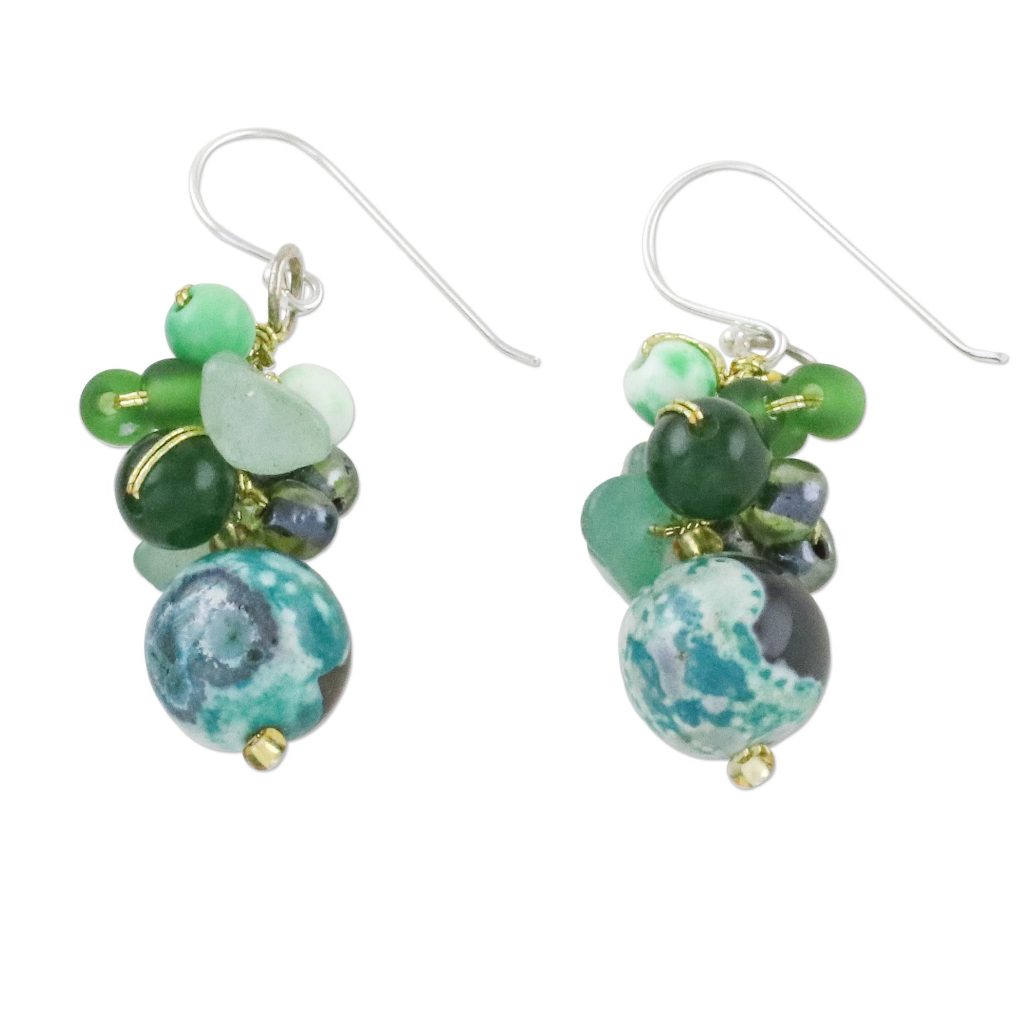 Premium Green Quartz and Glass Bead Dangle Earrings - Handcrafted in Thailand