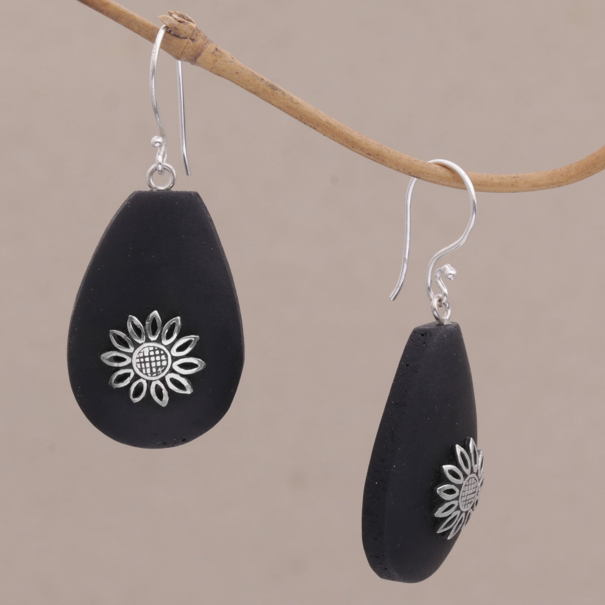 Premium Pura Petals Lava Stone Earrings - Sterling Silver Floral Design from Bali