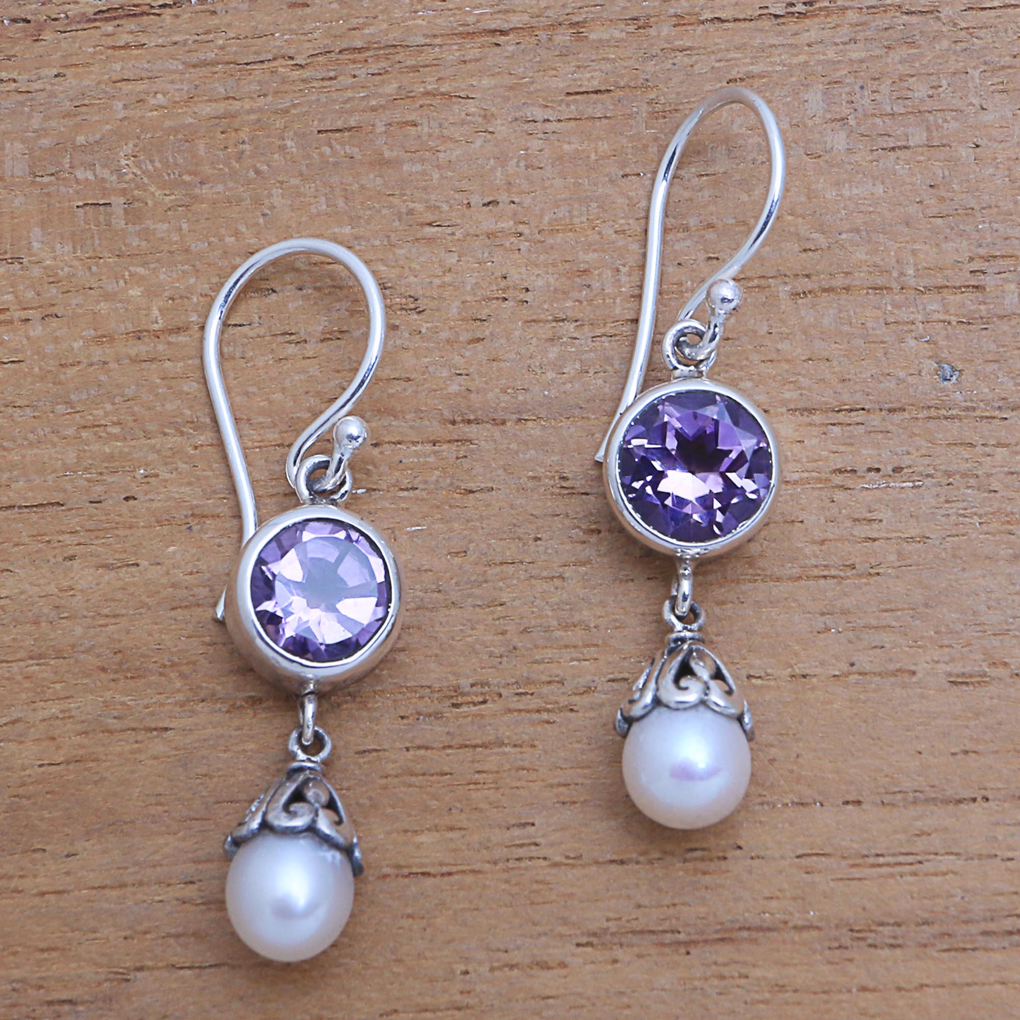 Premium Amethyst & Cultured Pearl Dangle Earrings – Handcrafted in Bali