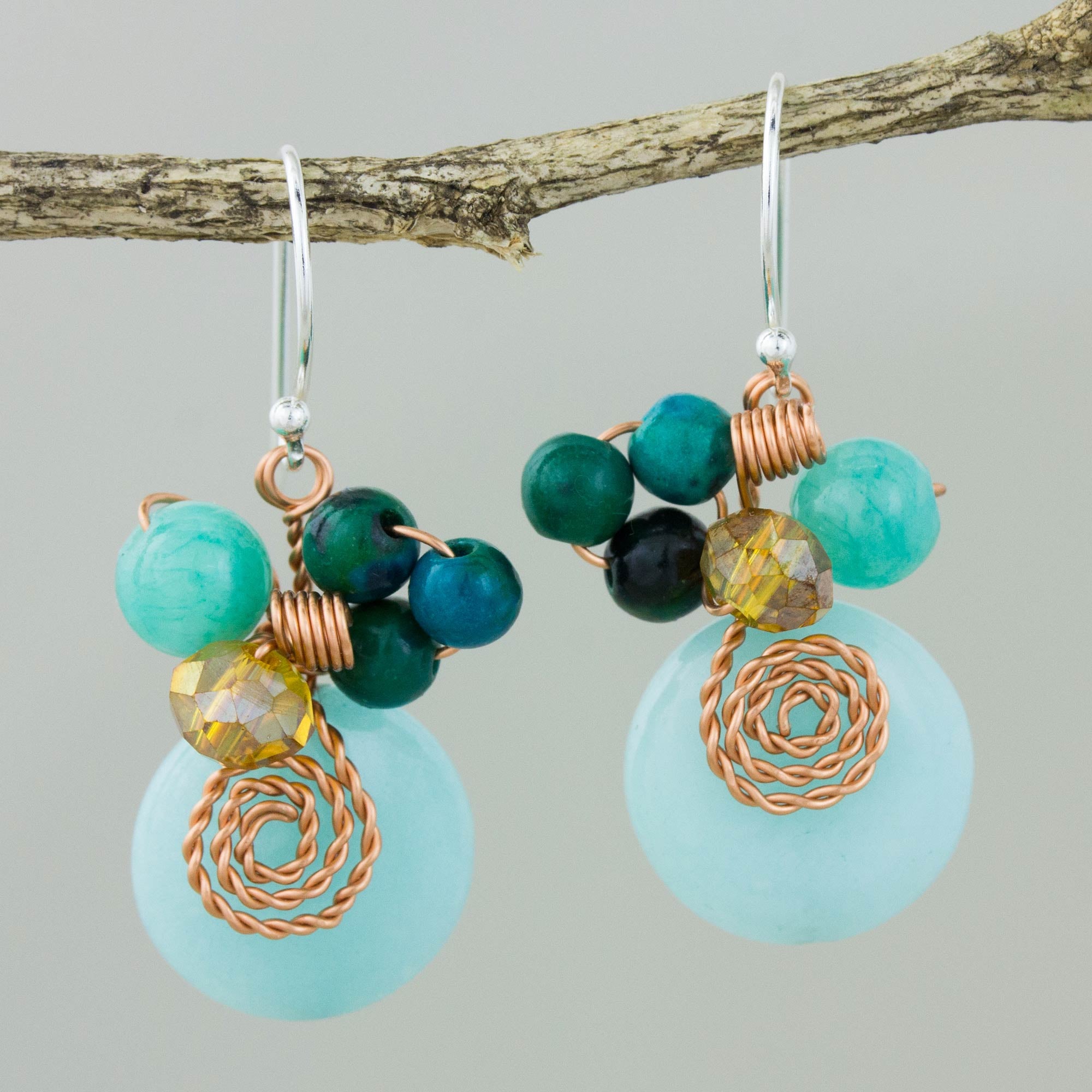 Premium Moonlight Garden Aqua Serpentine Quartz Dangle Earrings with Copper Accents