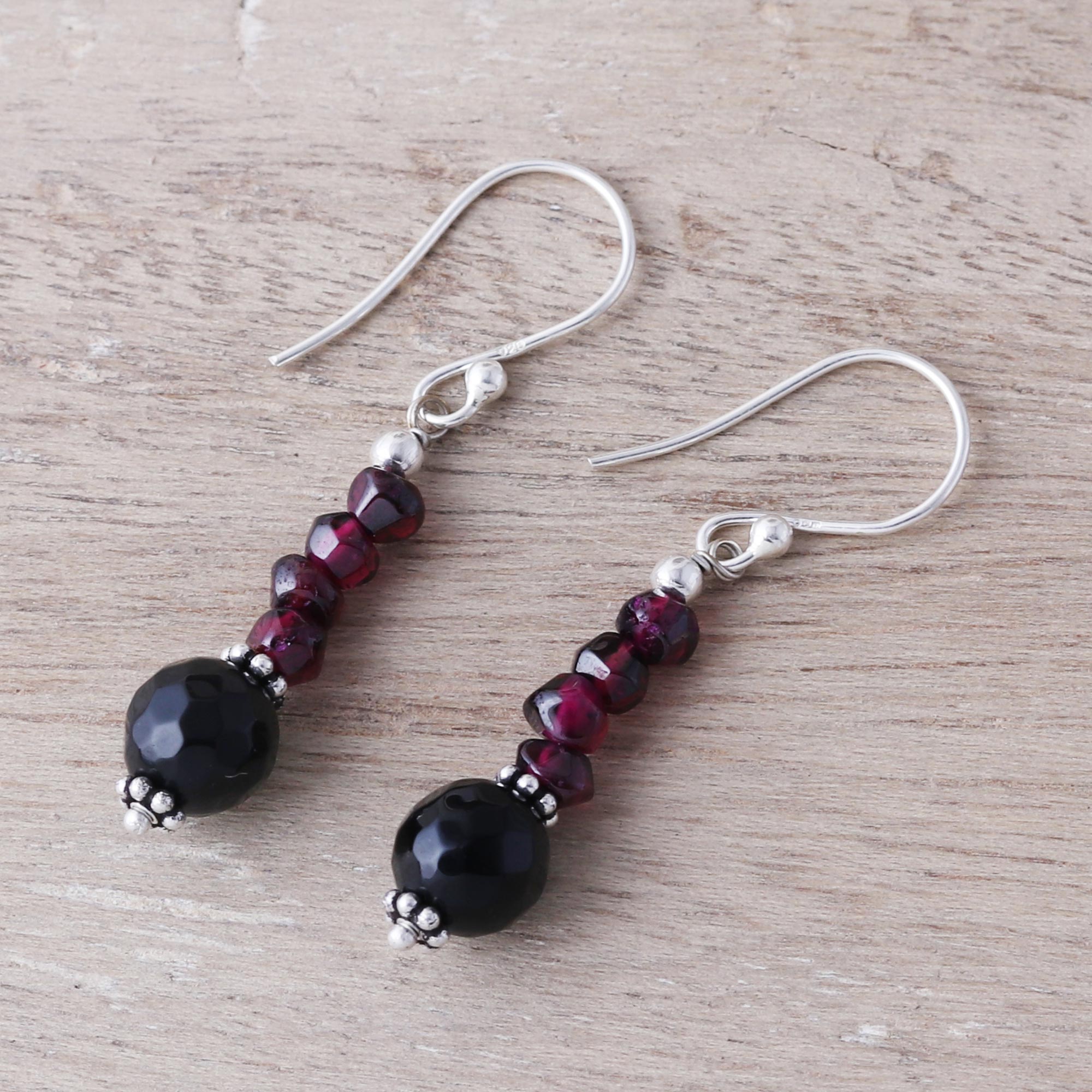 Premium Night of Passion Garnet & Onyx Dangle Earrings