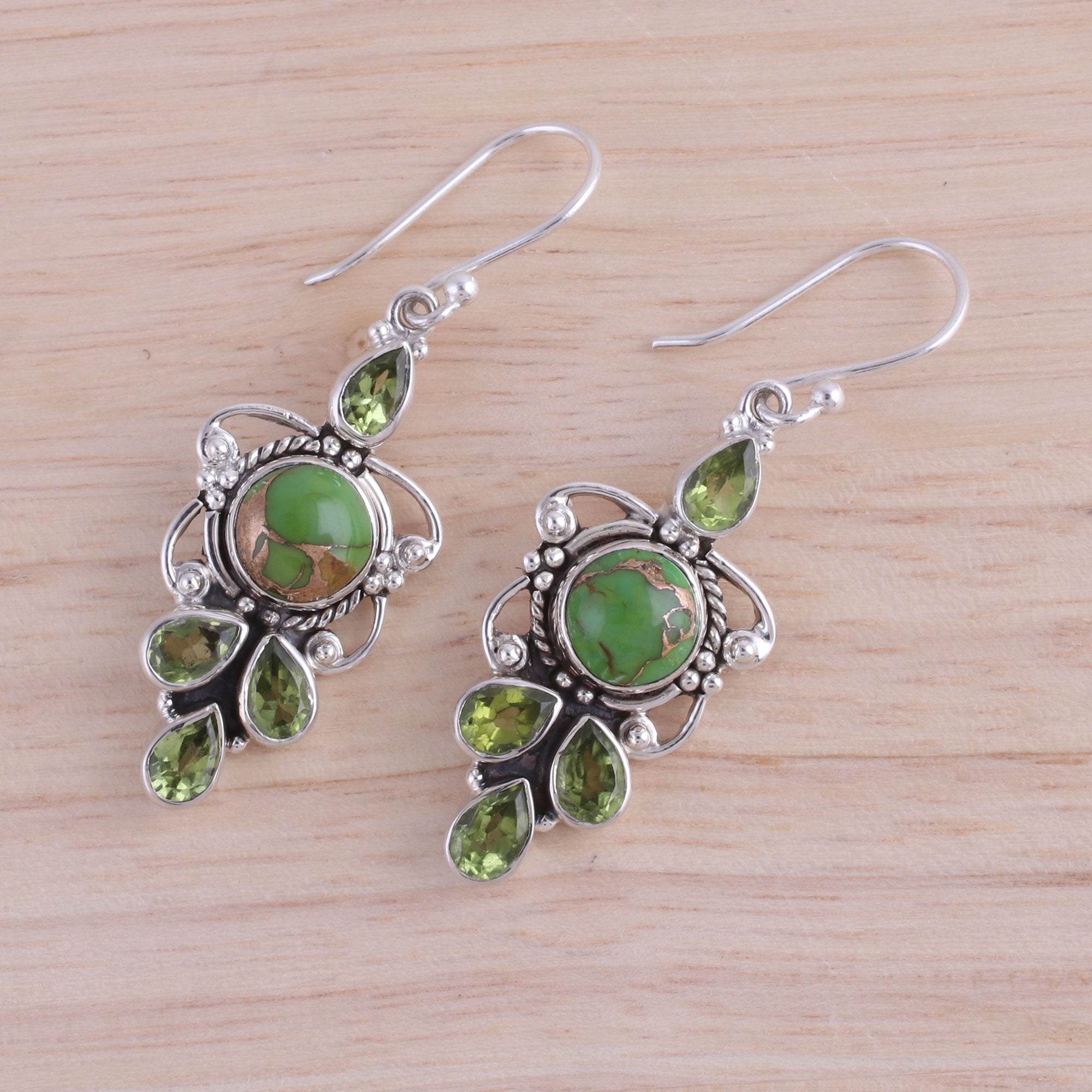 Premium Glittering Green Peridot & Turquoise Sterling Silver Dangle Earrings