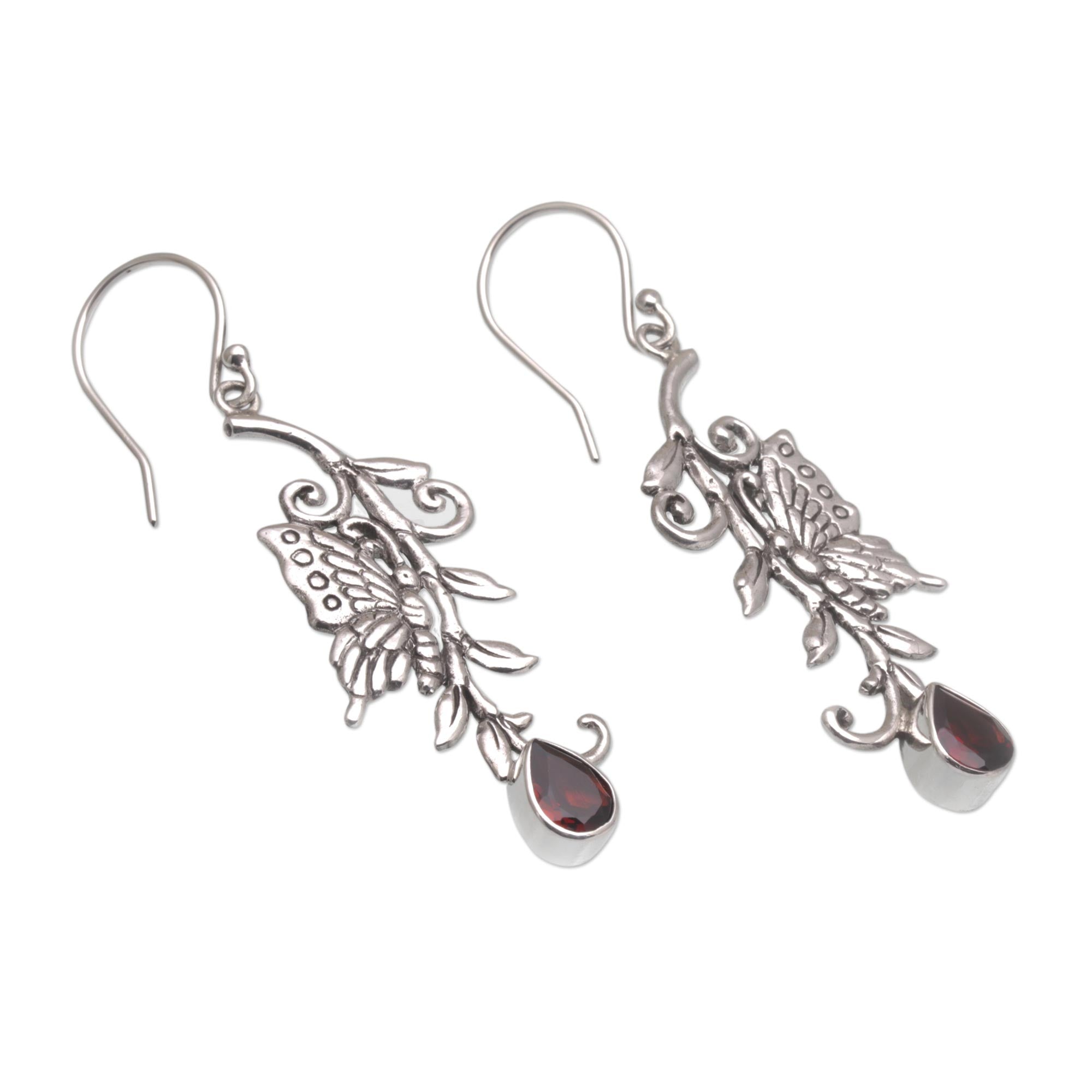 Premium Butterfly Garnet Sterling Silver Dangle Earrings - Elegant & Sparkling