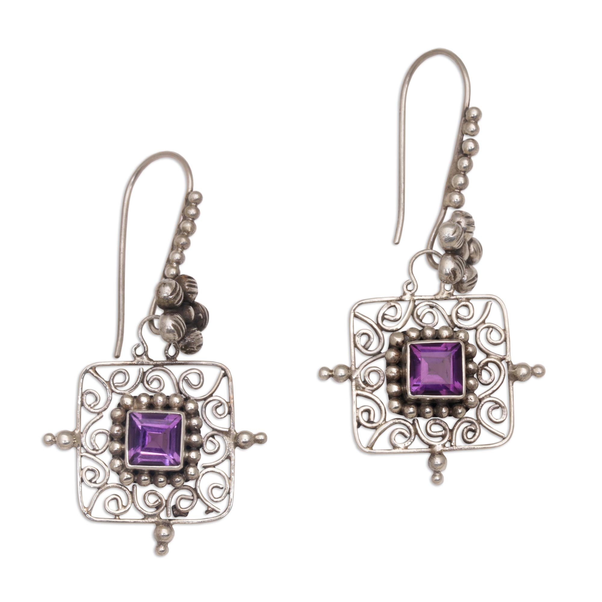 Premium Floral Amethyst Dangle Earrings - Handcrafted in Bali