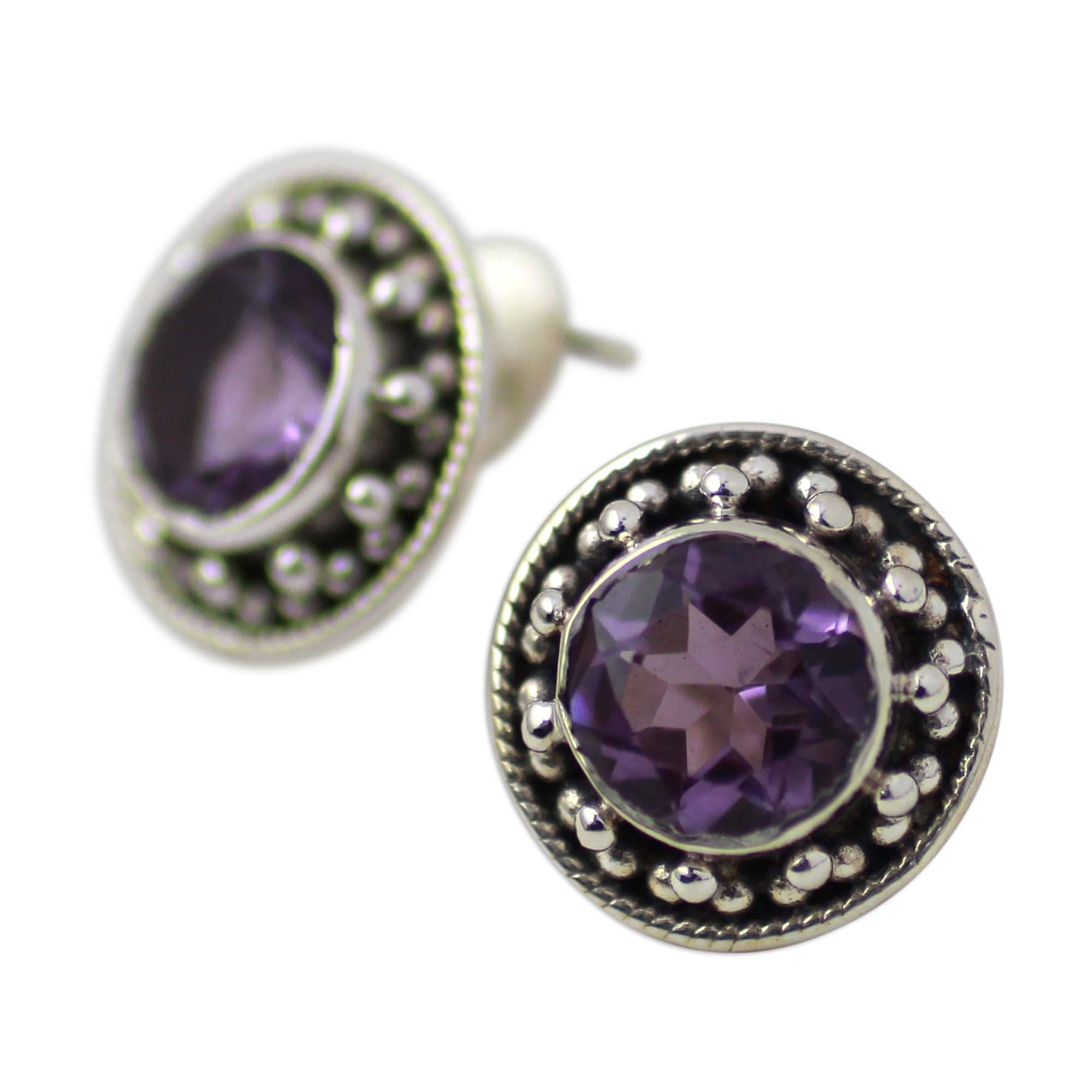 Premium Indian Elegance: Handcrafted Purple Amethyst Button Earrings