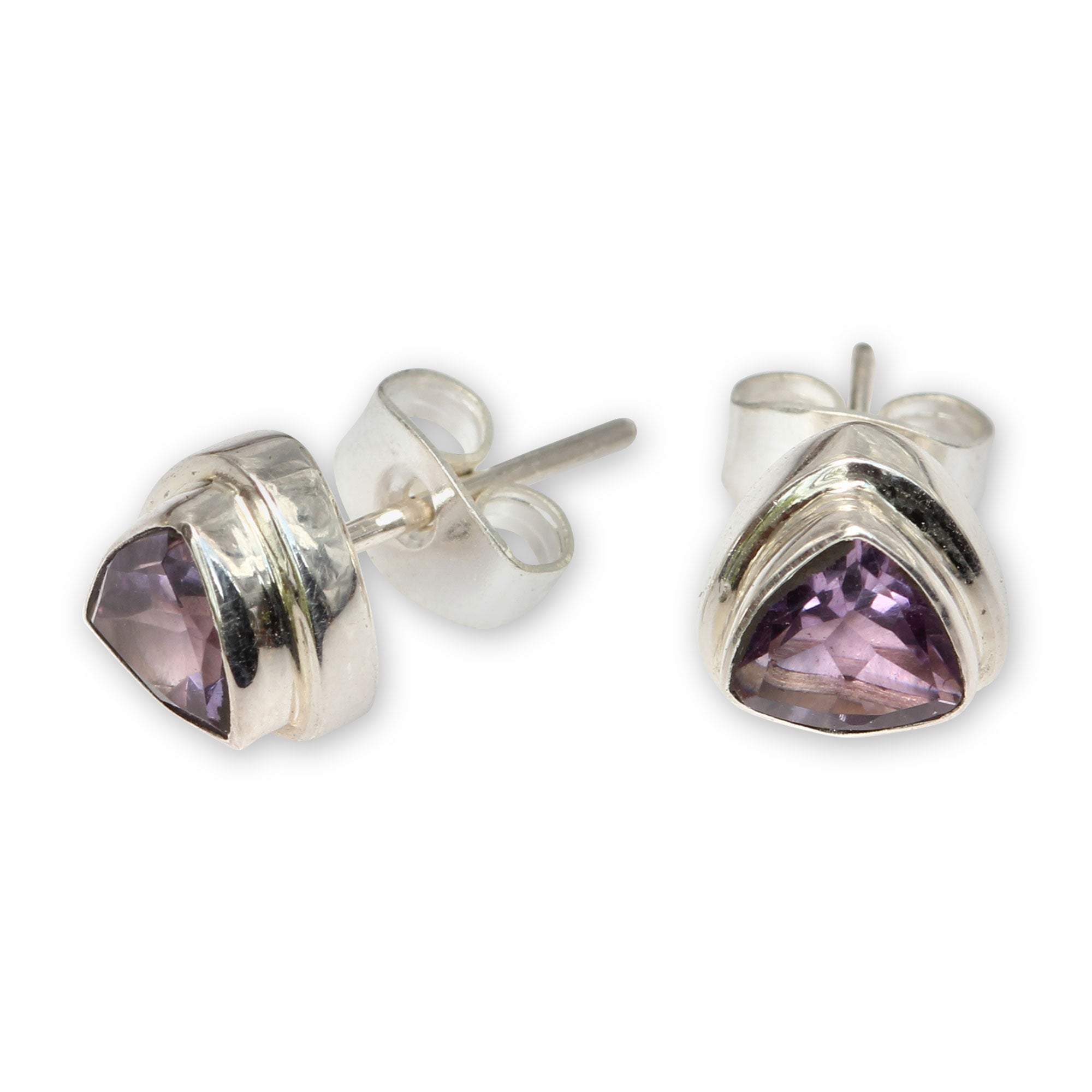 Premium Trinity Amethyst Sterling Silver Stud Earrings - Handcrafted Artisan Jewelry