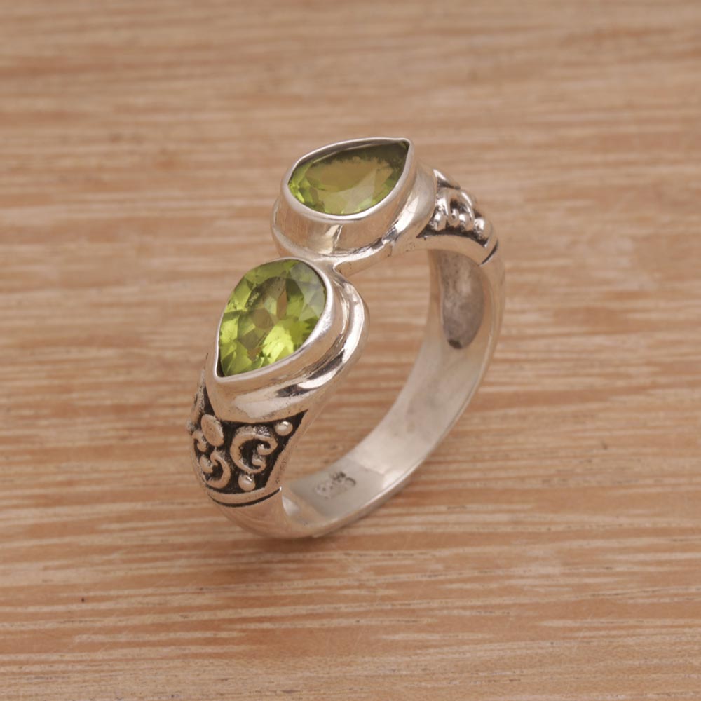 Premium Temple Tears Teardrop Peridot & Sterling Silver Cocktail Ring - Handcrafted in Bali