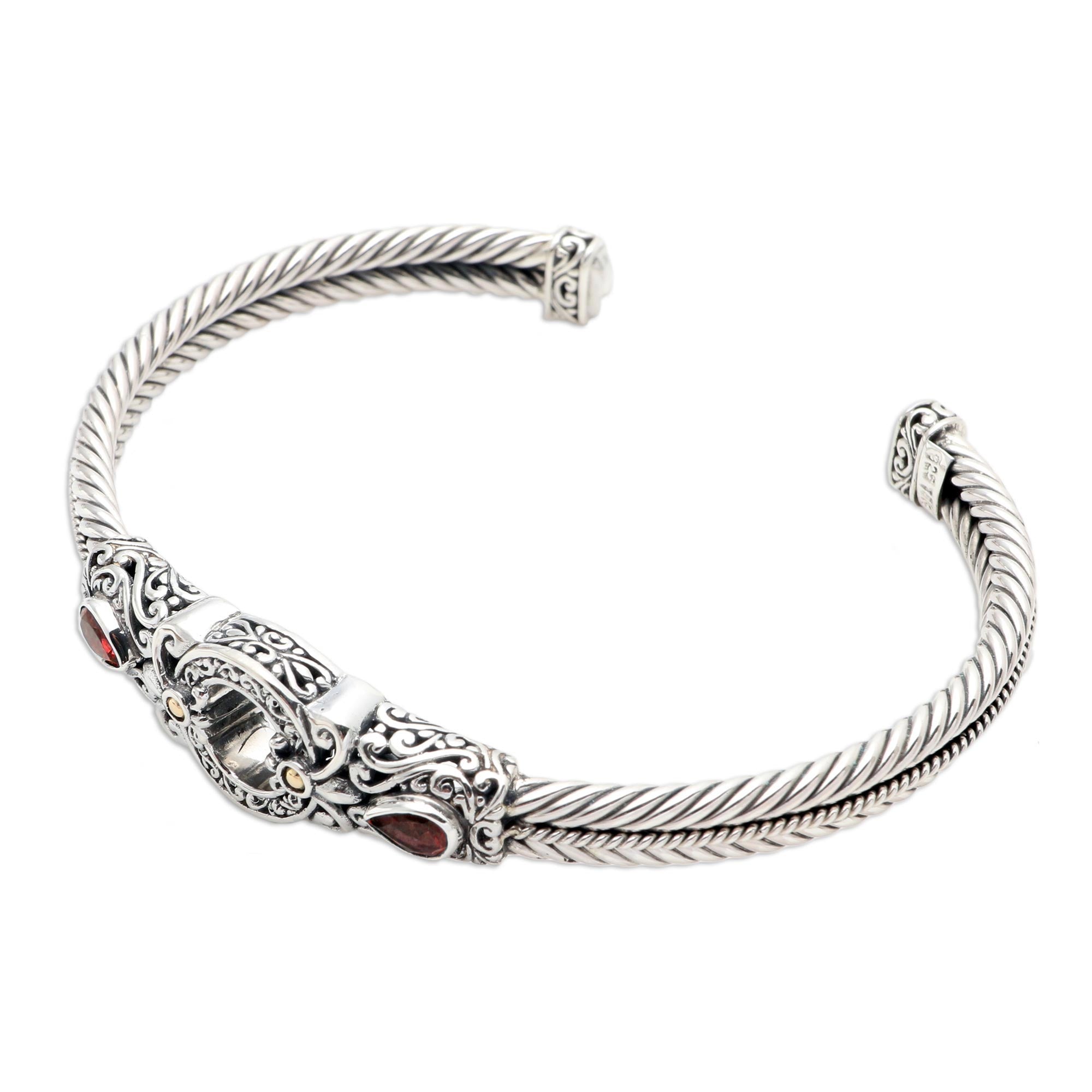 Premium Hidden Gate Cuff Bracelet in Red Garnet and Sterling Silver - Handcrafted in Bali