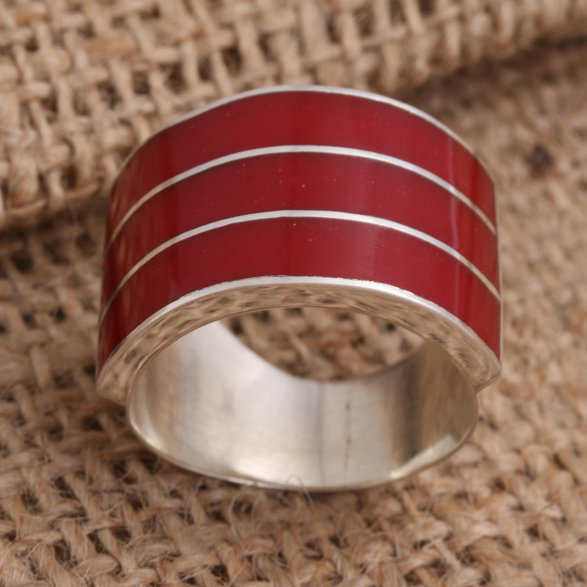 Premium Red Triple Band Ring - Sterling Silver & Red Resin Jewelry