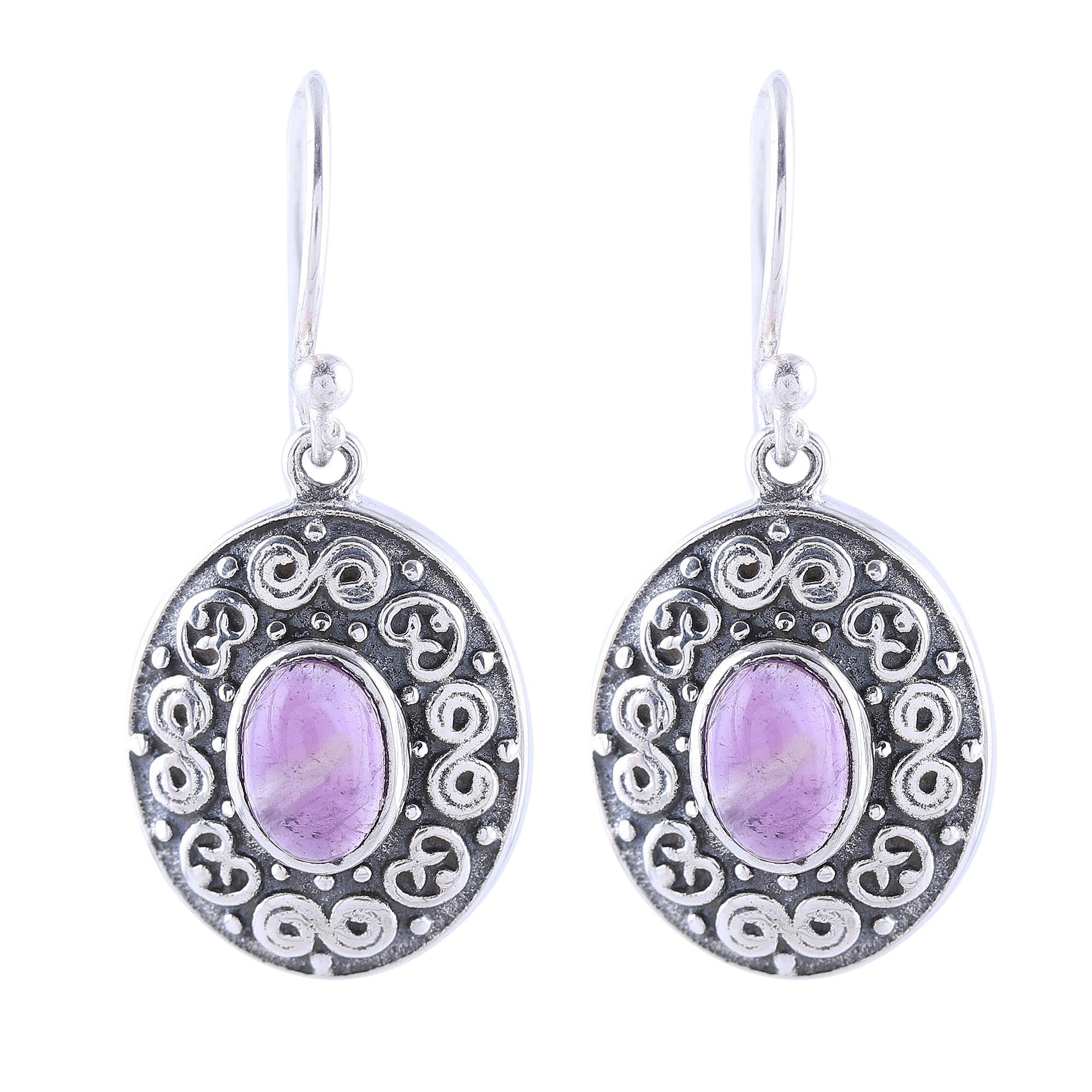 Premium Swirling Ellipse Amethyst Dangle Earrings - Handcrafted in India